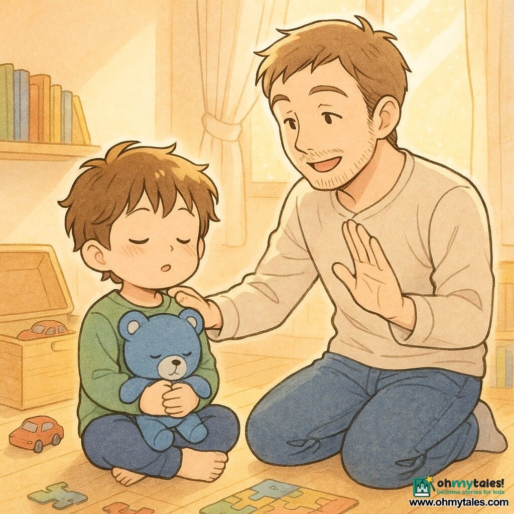 A 4-year-old boy with messy brown hair, round cheeks and closed eyes sits cross-legged holding a blue teddy, calm with relaxed shoulders and a visible breath; his father, about 30–35, gentle face and light stubble, kneels to his right with one hand on the boy’s shoulder and the other raised demonstrating breathing, smiling kindly at him; the child’s bedroom is bathed in golden morning light through sheer white curtains, with a light wood floor, an open toy chest with a red toy car and scattered puzzle pieces, and low shelves of bright books; main scene: a quiet pause as father and son take a deep breath together, serene atmosphere, warm pastel colors, soft outlines and a light watercolor texture to emphasize tenderness.