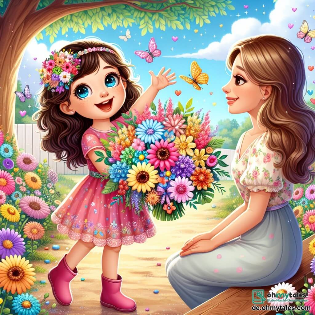 Ein 3-jähriges Mädchen, Mia, mit funkelnden Augen und lockigem Haar, steht im Mittelpunkt des Bildes, strahlend vor Freude. Sie trägt ein hübsches rosa Blumenkleid und Gartenhandschuhe und hält einen wunderschönen bunten Strauß aus Blumen, Blättern und glitzernden Früchten, den sie für ihre Mama zusammengestellt hat. Neben ihr sitzt ihre Mama, eine lächelnde und herzliche Frau in ihren Dreißigern mit langen braunen Haaren und einem leichten Blumenmusterkleid. Sie sitzt auf einer Holzbank, schaut ihre Tochter voller Liebe und Staunen an und ist bereit, den Strauß in Empfang zu nehmen. Der Hintergrund ist ein bezaubernder Garten, gefüllt mit leuchtend bunten Blumen, schwirrenden Schmetterlingen und einem klaren blauen Himmel mit flauschigen weißen Wolken. Im Hintergrund bietet ein großer majestätischer Baum Schatten, während ein Kiesweg durch den Garten schlängelt. Die Hauptsituation zeigt Mia, die voller Begeisterung ihren magischen Strauß ihrer Mama zum Muttertag überreicht, während um sie herum Lichtstrahlen funkeln, die die Liebe und Magie dieses besonderen Moments symbolisieren.