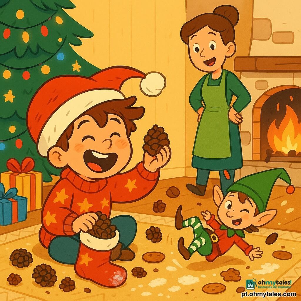 Um menino de 6 anos, expressão alegre e maravilhada, cabelo castanho desgrenhado, blusas vermelha com estrelas e um gorro de Papai Noel grande, sentado no tapete rindo e segurando uma pinha; a mãe, cerca de 30–35 anos, cabelo castanho preso em coque, sorriso surpreso e avental verde, está junto à lareira olhando com ternura; um duende travesso, tamanho de um cachorro, aparência de menino, chapéu pontudo verde, jaqueta vermelha e collants listrados, faz uma pequena cambalhota no chão espalhando pinhas e biscoitos; sala de Natal aconchegante com tapete bege geométrico, lareira de pedra com fogo alaranjado, árvore decorada com bolas douradas, luzes coloridas, presentes, migalhas de biscoito e marcas de farinha no chão; situação principal: o menino armou uma armadilha com uma meia vermelha cheia de pinhas e surpreendeu o duende no salto, cena de surpresa alegre e cumplicidade, composições dinâmicas, cores quentes e contrastantes, linhas nítidas e formas arredondadas, atmosfera festiva e luminosa.