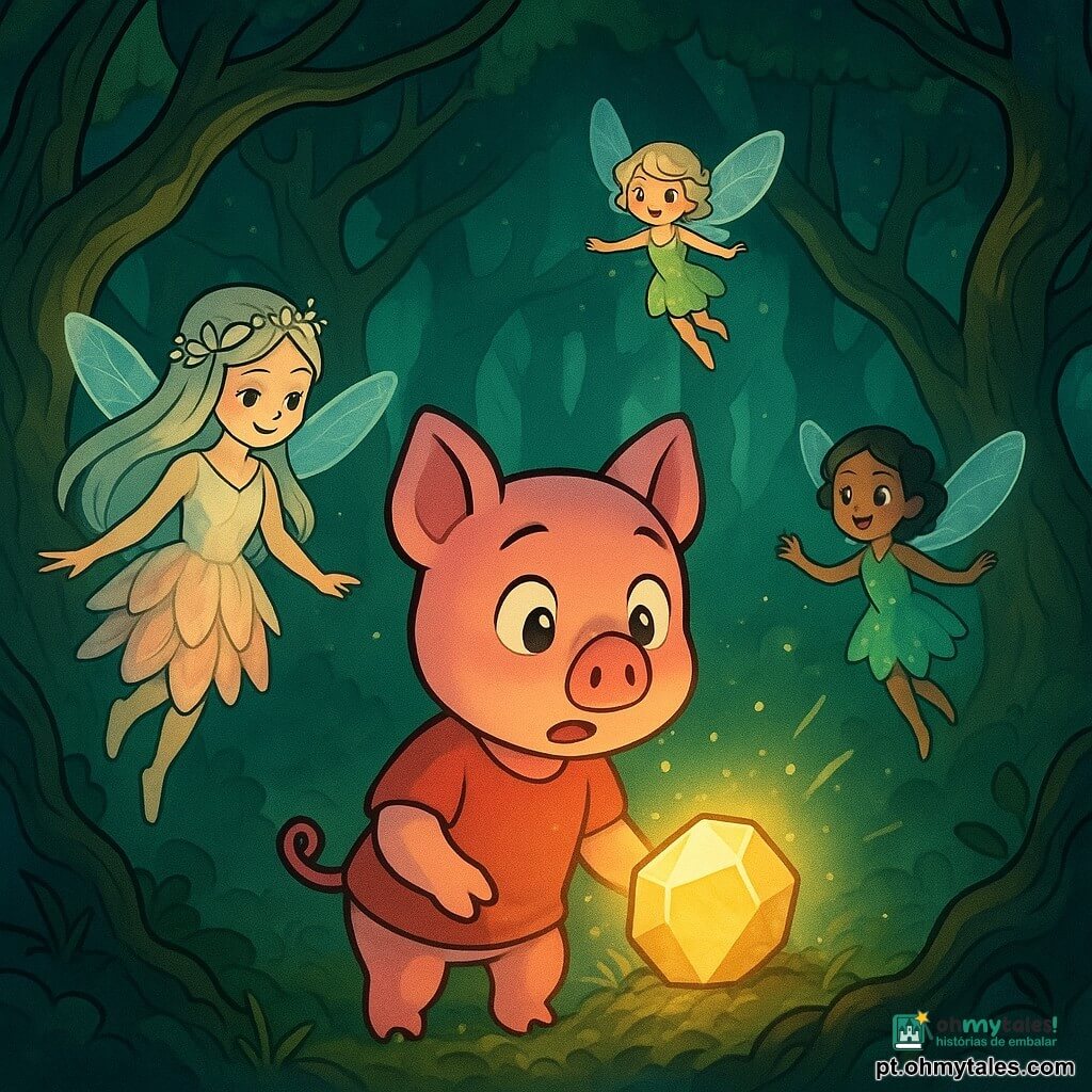 Um pequeno porquinho travesso chamado Léo, um jovem porco rosa com olhos brilhantes e curiosos, está no centro de um labirinto de grandes árvores retorcidas, sua expressão é ao mesmo tempo maravilhada e um pouco assustada. Ele observa uma pedra brilhante que emite uma suave luz, iluminando seu rosto com reflexos dourados. Ao seu redor, criaturas etéreas semelhantes a fadas, com asas translúcidas e corpos cintilantes, flutuam suavemente no ar. Uma delas, com cabelos prateados e um vestido feito de pétalas de flores, sorri calorosamente para Léo, enquanto outra, menor, com olhos brilhantes, parece dançar alegremente ao redor da pedra. O local é uma floresta densa, onde árvores gigantescas com troncos nodosos se erguem em direção ao céu, suas folhas verdes criando um teto de luz suave. Sombras misteriosas dançam entre os troncos, e uma leve névoa flutua no chão, adicionando uma atmosfera mágica e ligeiramente inquietante. A cena principal mostra Léo, o porquinho, descobrindo a pedra mágica no coração do labirinto, cercado pelas criaturas luminosas que o encorajam a ter coragem diante do desconhecido, criando uma atmosfera ao mesmo tempo fascinante e um pouco assustadora.