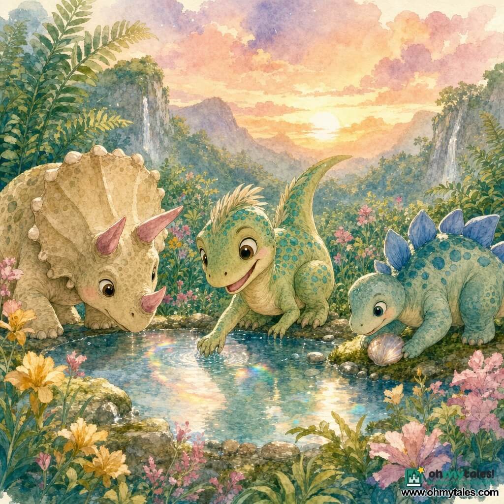 A small, cheerful pale-green velociraptor named Rivi with turquoise spots, round smiling eyes and a light crest crouches at the edge of a shimmering pool touching the water with a foot; Tula the round, gentle cream triceratops with pink horns drinks peacefully to Rivi's left; Milo the small curious stegosaurus with sky-blue plates holds a shiny shell on moss to the right; the scene is a lush valley with yellow and pink flowers, tall ferns and sparkling stones around a circular clear pool reflecting tiny rainbows at dusk as Rivi tends the magical pool while friends play, in soft watercolor pastels and warm sunset light.