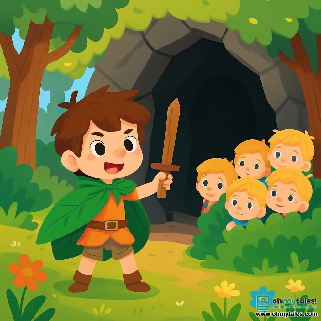 Little Thumb, a boy with tousled chestnut hair and sparkling determined eyes, stands bravely in front of a huge cave, his small face showing an expression of courage and excitement. He wears a cape made of a green leaf and holds a wooden stick like a sword, ready to defend his village. Beside him, his six brothers, boys aged 5 to 10 with blonde hair and round faces, watch him with admiration. They are hiding behind a bush, their wide eyes eager and a bit worried, but full of pride for their little brother. The scene takes place at the entrance of a dense forest, where tall, gnarled trees rise towards the sky, their shiny leaves filtering the sunlight. Colorful flowers dot the ground, and a gentle breeze makes the tall grasses dance. In this main situation, Little Thumb is about to enter the cave of the Great Ogre, determined to save his village using his intelligence and courage, while his brothers silently encourage him, ready to support him in this thrilling adventure.