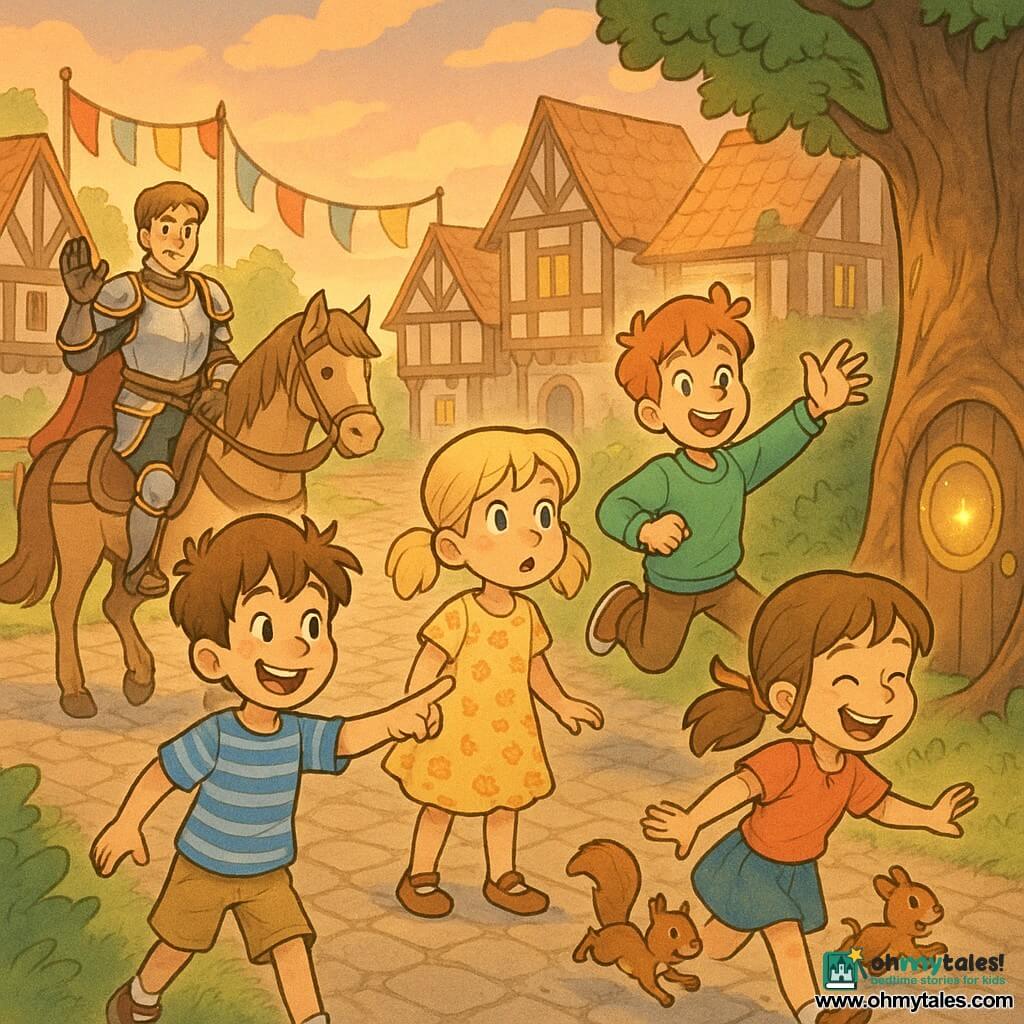 There are five characters: four children—10-year-old Max with messy brown hair, a striped blue T-shirt and khaki shorts, smiling and pointing at a sparkling round door in a tree; 9-year-old Lily with blonde pigtails in a yellow floral dress, gazing in wonder toward the medieval square; 9-year-old Noah with red hair and a green sweater, bouncing on his toes excitedly to the right; 8-year-old Emma with chestnut hair tied with a red ribbon and a denim skirt, laughing as she chases a small squirrel—and one knight, Sir Cedric, a 16–18-year-old in shiny silver armor with gold details and a red cape, kindly saluting from his horse near a jousting field. Setting: a large paved medieval square with half-timbered houses and orange tiled roofs, colorful banners, a grassy jousting arena to the left and an old oak with a sparkling round door in its trunk to the right, warm sunset light. Main scene: the children have just emerged from the tree door and discover the medieval scene with surprised joyful faces and gentle motion—Emma chasing the squirrel, Noah hopping, Max pointing, Lily admiring—Sir Cedric smiling on his horse, a soft adventurous, pastel, childlike comic style.