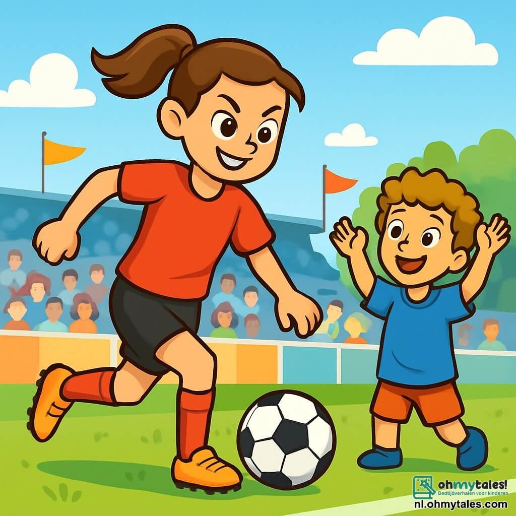 Lena, een jonge atletische vrouw met kastanjebruin haar in een paardenstaart, draagt een felrode sportoutfit en zwarte shorts. Ze straalt vastberadenheid uit, haar ogen glinsteren van passie terwijl ze de voetbal over het veld dribbelt. Dichtbij staat Milan, een 8-jarig jongetje met krullend haar en een stralende glimlach, in een te groot blauw t-shirt. Hij applaudisseert enthousiast met opgeheven armen terwijl hij Lena bewonderend aankijkt. Het voetbalveld is groen, omringd door enthousiaste toeschouwers op de tribunes, met kleurrijke vlaggen die in de wind wapperen. De lucht is helderblauw met enkele donzige witte wolken. Lena is in volle actie, klaar om te schieten, terwijl Milan haar vrolijk aanmoedigt, wat de teamgeest en de passie voor voetbal illustreert.
