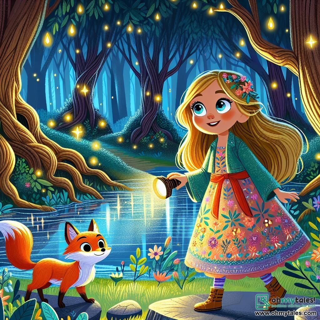 A 9-year-old girl named Lily stands by a mysterious pond in the Whispering Woods. Her eyes sparkle with excitement and curiosity, while her golden hair gently floats in the breeze. She wears a colorful dress adorned with floral patterns and holds a flashlight illuminating the sparkling crystals around her. Beside her is a small fox named Finn, with bright orange fur and mischievous eyes, encouraging her with a smile as he stands on a rock, ready to guide her on her adventure. The setting is an enchanted clearing surrounded by tall trees with gnarled trunks and shimmering leaves, lit by dancing fireflies. The pond reflects the stars, creating a magical and mysterious atmosphere. The main scene shows Lily, full of courage, approaching the pond to discover a hidden treasure, while Finn watches her proudly, ready to help her overcome her fears.