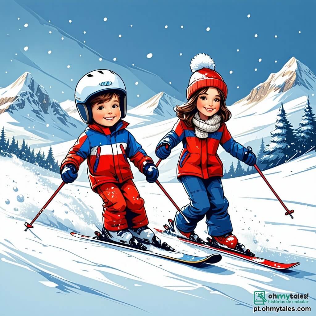 Um garoto de 12 anos, Miguel, com cabelos castanhos e olhos brilhantes de alegria, está descendo uma encosta nevada com seus esquis. Ele usa uma roupa de esqui colorida, vermelha e azul, e um capacete de proteção, exibindo um grande sorriso de empolgação no rosto. Perto dele, sua mãe, uma mulher de cerca de 35 anos, com cabelos castanhos e um gorro de lã, o incentiva com um olhar orgulhoso, segurando um termômetro de chocolate quente. Seu pai, um homem de 40 anos, com uma barba leve e um casaco preto, está um pouco mais abaixo na pista, pronto para tirar fotos do filho em ação. O local é uma linda estação de esqui, cercada por majestosas montanhas cobertas de neve brilhante sob um céu azul claro. A cena principal mostra Miguel fazendo uma descida rápida, seus esquis deslizando com facilidade na neve, enquanto ele ri e se diverte, vivendo uma aventura inesquecível em família.