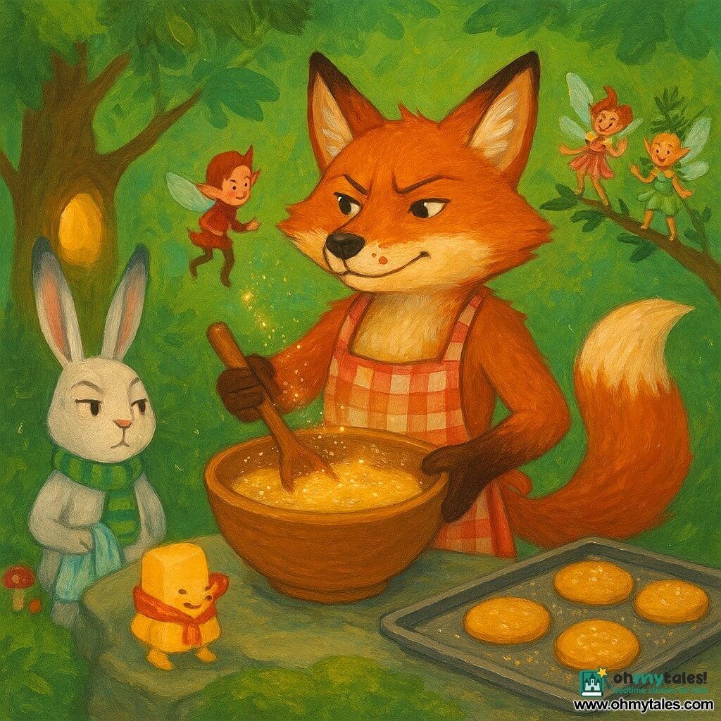 Bramble, an orange-red anthropomorphic fox with a determined proud expression, textured fur and a smear of jam on his whisker, wearing a checkered apron and holding a large wooden bowl while gently stirring glittering dough; Juniper, a white-gray long-eared rabbit with a wry amused look and a green striped scarf, standing left of Bramble with a tea towel ready to catch the biscuits; Pippet, a tiny domestic pixie with crinkled ribbon wings, floating mischievously by Bramble’s shoulder with bright curious eyes; a pale yellow anthropomorphic pat of butter with a red sash posing comically proud on the stone table; three tiny petal-clad fairies with thistle crowns perched on an alder branch clapping and laughing; setting: lush alder clearing with soft moss, a hollow trunk turned glowing oven, a ring of mushrooms, dappled green light and sparkling particles; main scene: a lively, whimsical moment as Bramble makes magical “fairy biscuits” — glittering dough, golden biscuits beginning to bounce on a tray with silver trails of fairy dust, centered composition, saturated colors, visible brushstrokes and acrylic textures, warm fantastical mood.