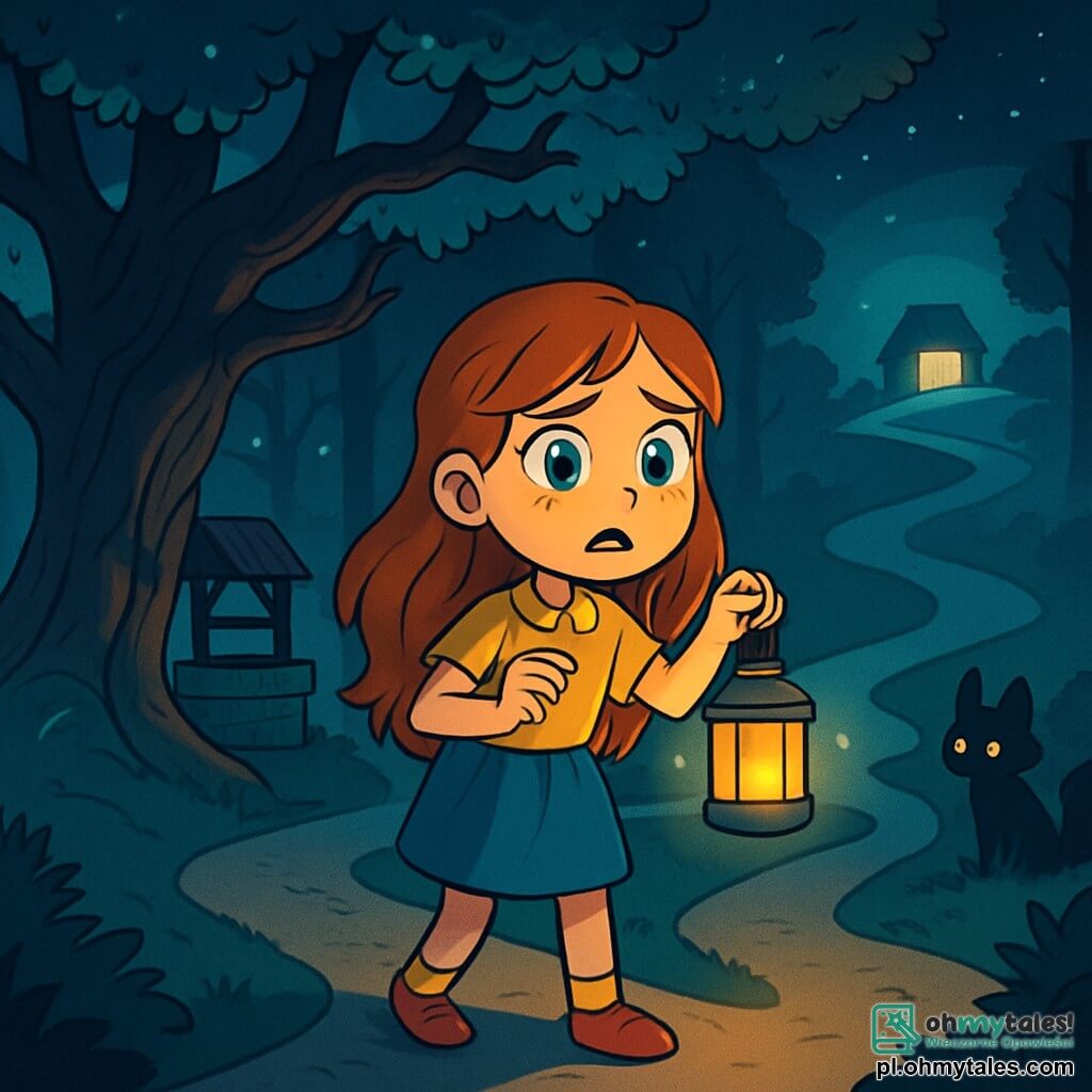 Dziewczynka w wieku 10 lat, Ania, z długimi rudymi włosami i błyszczącymi jak szafiry oczami, stoi na ciemnej ścieżce tajemniczego Lasu Szeptów. Jej twarz wyraża zarówno ciekawość, jak i lekką obawę, a zmarszczone brwi i lekko otwarte usta zdradzają wahanie. Trzyma w ręku migoczącą lampion, a drżące światło rzuca tańczące cienie wokół niej. W pobliżu stary skręcony dąb zdaje się szeptać sekrety, a jego sękate gałęzie rozciągają się jak ochronne ramiona. W cieniu zamglona sylwetka małego zwierzęcia, być może przebiegłego lisa, obserwuje Anię z błyszczącymi, ciekawymi, ale ostrożnymi oczami. Miejsce to gęsty las, gdzie drzewa są tak wysokie, że wydają się dotykać gwiaździstego nieba. Srebrne liście delikatnie opadają, a lekka mgła otula ziemię, tworząc atmosferę zarówno magiczną, jak i niepokojącą. Główna sytuacja pokazuje Anię wahającą się między trzema tajemniczymi ścieżkami: jedna prowadzi do starej studni, druga do ciemnego podszytu, a ostatnia wznosi się na wzgórze oświetlone ciepłym światłem. Stoi na środku, z bijącym sercem, gotowa podjąć decyzję, która może na zawsze zmienić jej noc.
