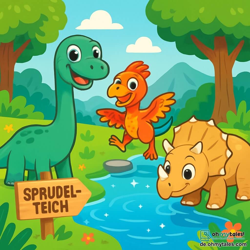 Ein junger Diplodocus namens Dippo mit glänzend grün-grauer Haut und einem langen Hals steht fröhlich am Rand eines glitzernden Teiches, seine großen kugelrunden Augen leuchten vor Aufregung. Neben ihm springt ein kleiner Oviraptor namens Otter mit bunten Federn und einem schelmischen Lächeln fröhlich auf Steinen, während ein Triceratops namens Tina mit ihren drei Hörnern und beiger Haut sich bückt, um Wasser zu trinken, ihre Augen funkeln vor Neugier. Die Szenerie ist ein grünes Tal, gefüllt mit großen Bäumen mit lebhaften Blättern, strahlenden Blumen und einem klaren blauen Himmel, der mit flauschigen Wolken übersät ist. Dippo, Otter und Tina sind bereit, in das kühle Wasser des Sprudel-Teichs zu tauchen und einen Tag voller Abenteuer und Lachen zu erleben.