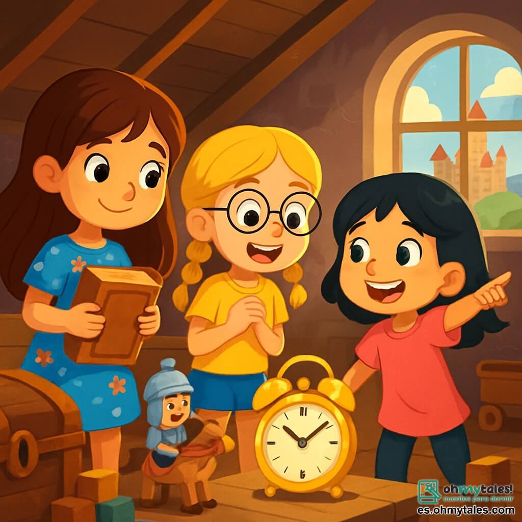 Hay 3 personajes: - Clara: una niña de 10 años, con cabello largo castaño y ojos brillantes. Lleva un vestido azul con flores y sostiene un viejo libro en sus manos. - Sofía: una niña de 9 años, con trenzas rubias y gafas redondas. Lleva una camiseta amarilla y un pantalón corto de mezclilla, y mira el viejo reloj despertador con asombro. - Luna: una niña de 10 años, con cabello negro y ojos verdes. Viste una túnica rosa y pantalones negros, y señala emocionada el castillo medieval a lo lejos. La escena principal se desarrolla en un viejo desorden de ático, lleno de baúles antiguos, juguetes de madera y telarañas. La luz del sol se filtra a través de una ventana polvorienta, iluminando un ambiente misterioso y mágico. En el fondo, se ve un viejo reloj despertador dorado que brilla suavemente. La situación principal muestra a las tres amigas descubriendo el viejo reloj despertador, con sus rostros iluminados por la curiosidad y el asombro, listas para vivir una aventura increíble, rodeadas de tesoros olvidados y un aire de misterio.