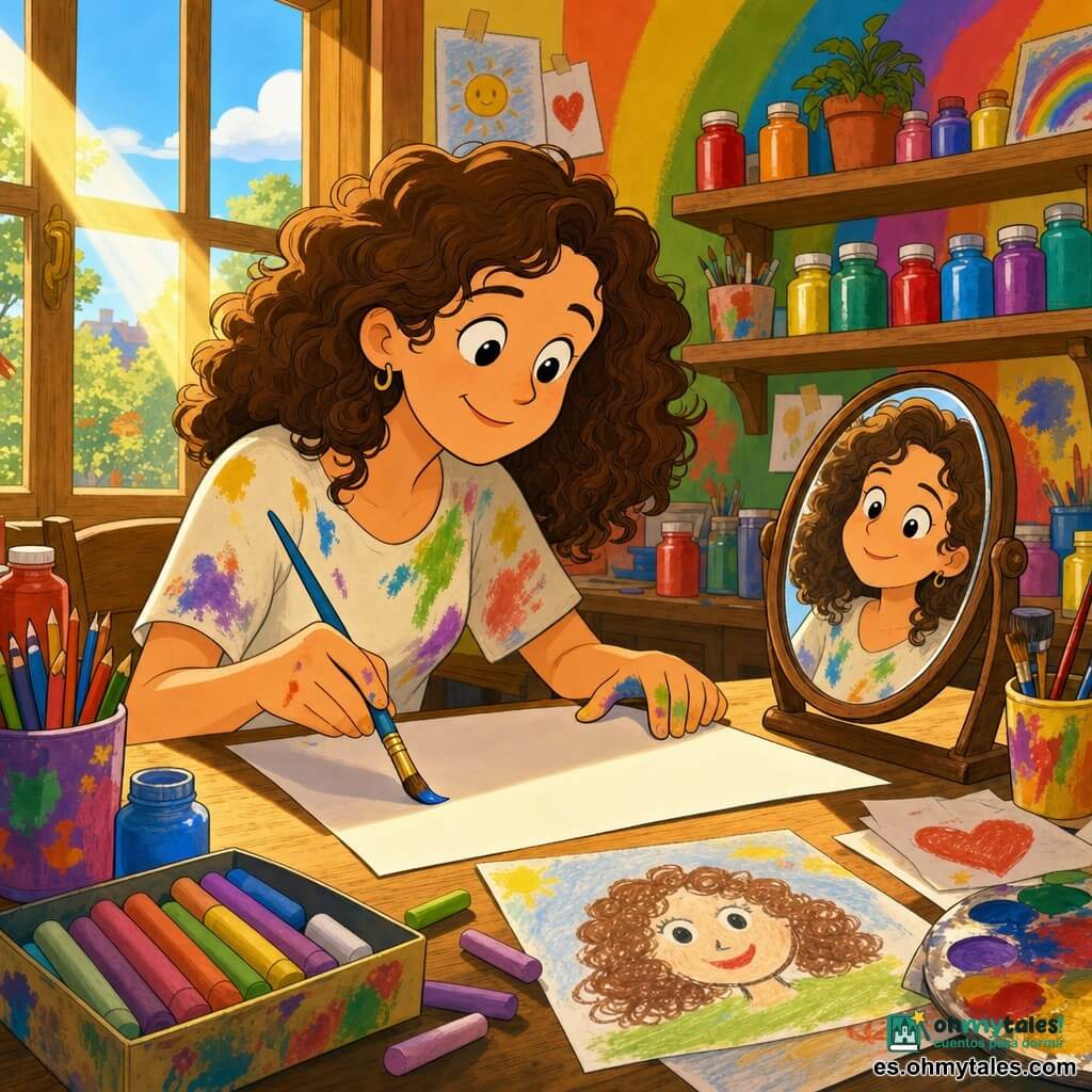 Mujer artista sonriente y tranquila, sentada junto a una gran ventana de madera, pelo castaño rizado, camiseta manchada de colores, sostiene un pincel azul en la mano derecha y tiene delante un papel blanco; su reflejo en un pequeño espejo a la derecha muestra el mismo rostro dulce y travieso; el taller luminoso tiene paredes tipo arcoíris, estanterías con frascos de pintura vivos y materiales dispersos; la mujer pinta su autorretrato sonriendo, con dedos manchados de pintura y un rayo de sol dorado sobre la hoja, ambiente cálido y alegre, colores saturados y contornos suaves estilo dibujo animado.