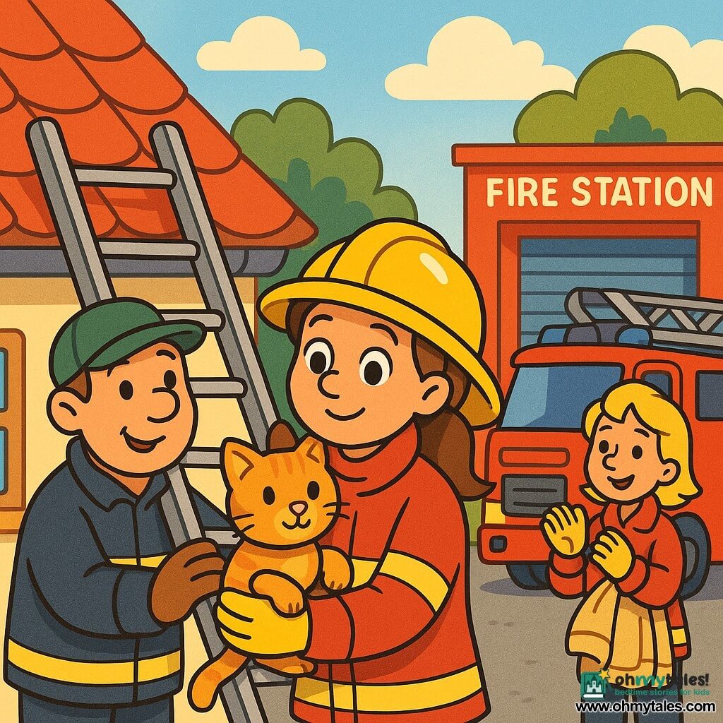Firefighter Emma, round smiling face, large expressive eyes, brown hair in a ponytail, wearing a shiny yellow helmet and matte red jacket with reflective stripes, gently cradles a small ginger tabby cat while descending a ladder in a protective pose; firefighter Sam, broad build, wearing a green cap and brown glove, steadies the ladder and smiles encouragingly from its base to Emma’s left; firefighter Lily, short blonde hair and yellow gloves, applauds and holds a folded blanket near the fire truck behind them; the cat purrs, relaxed with soft tail and ears; scene on a suburban tiled red-roof house under a pastel blue sky with rounded green trees, a bright red fire station and truck with folded ladder visible nearby — a calm, warm, child-friendly rescue with vivid colors and clear outlines.