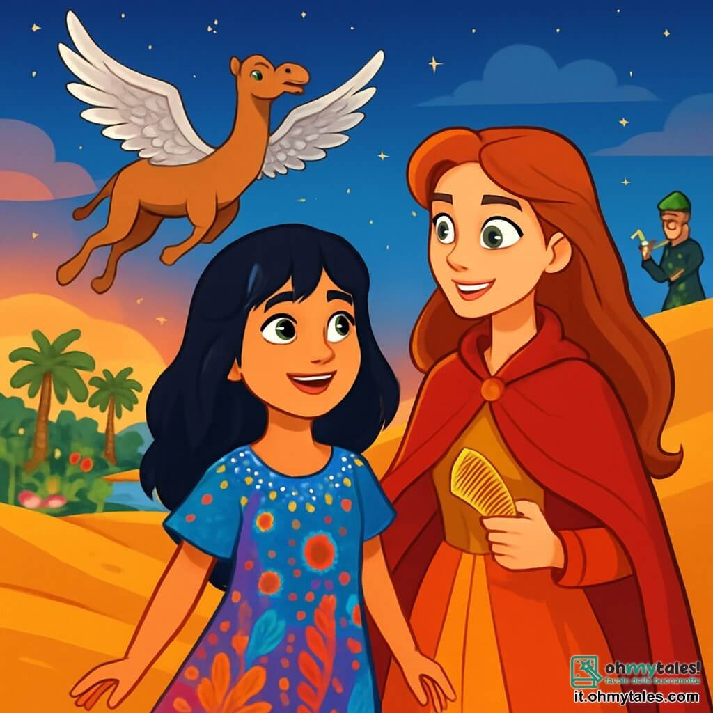 Layla, una giovane donna dai capelli neri come la notte, si trova al centro dell'immagine, sorridente e curiosa, con occhi brillanti di determinazione. Indossa un abito fluido dai motivi colorati, ornato di perle scintillanti che riflettono la luce del sole. Accanto a lei, la Principessa Amina, una bella giovane di circa 20 anni, con occhi verdi brillanti e un mantello rosso acceso, guarda Layla con ammirazione, tenendo un pettine d'oro tra le mani. L'ambiente è un vasto deserto dorato, costellato di dune ondulanti che scintillano sotto il sole calante, mentre un'oasi lussureggiante si disegna sullo sfondo, con palme verdi e fiori colorati. Sopra di loro, un cammello magico con ali d'argento si libra nel cielo, le sue piume brillanti che contrastano con il blu profondo del crepuscolo. La scena rappresenta il momento in cui Layla e Amina, unite dalla loro amicizia, si preparano ad affrontare il rivale malintenzionato, Samir, che si trova a distanza, con un'aria subdola e un pettine d'oro scintillante nella mano. L'atmosfera è carica di magia e avventura, catturando l'essenza di una storia delle Mille e Una Notte.