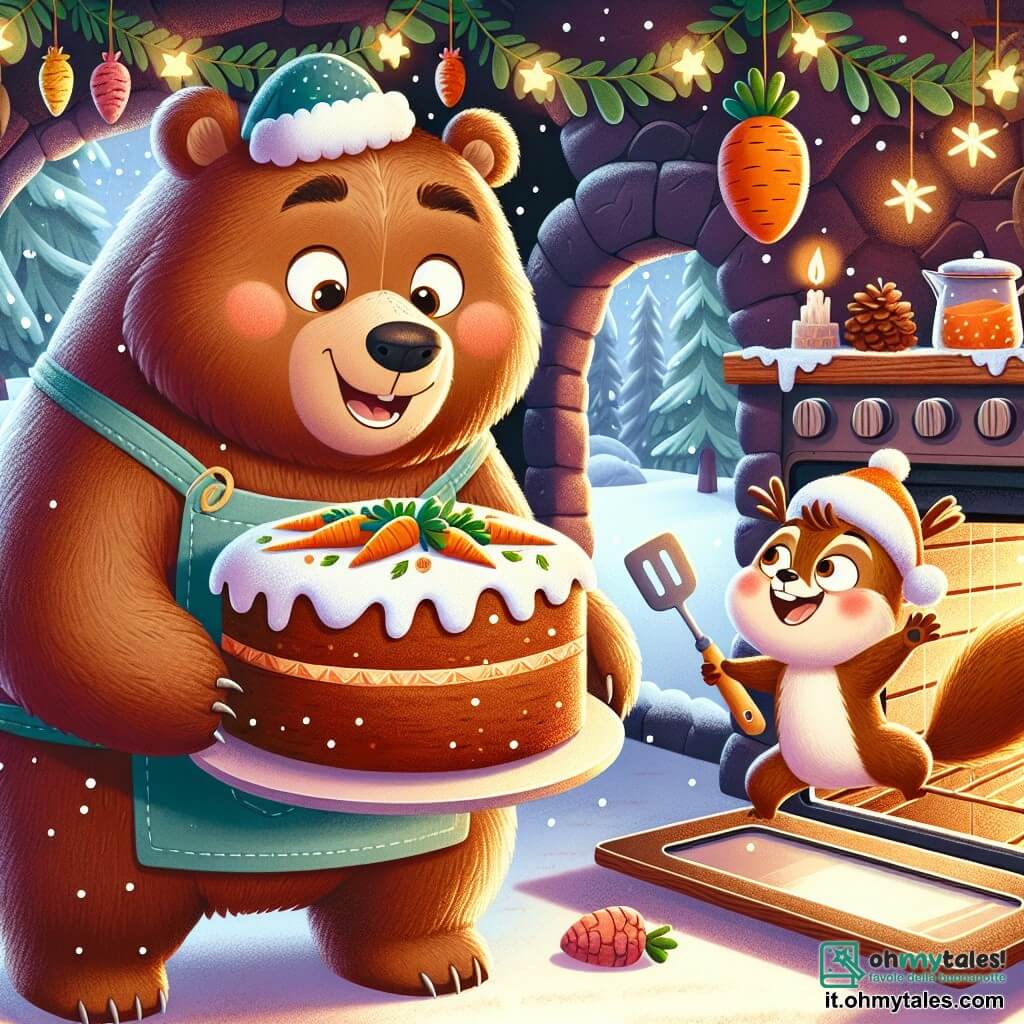 Un grande orso bruno di nome Bruno, con un pelliccia morbida e lucente, si trova al centro della scena, con gli occhi scintillanti di gioia e un ampio sorriso sul volto. Sta tirando fuori un magnifico torta di carote dal forno, circondata da luci colorate che illuminano la caverna. Accanto a lui, un piccolo scoiattolo di nome Pippo, con una pelliccia rossa e occhi vivaci, salta di gioia, le sue piccole zampe sollevate in aria, esprimendo il suo entusiasmo per il Natale. Tiene una spatola tra le zampe, pronto ad aiutare Bruno. La caverna è decorata con ghirlande di foglie verdi, stelle dorate appese al soffitto e pigne colorate su un tavolo di legno rustico. Fiocchi di neve cadono dolcemente all'esterno, aggiungendo un tocco magico all'atmosfera. Bruno e Pippo stanno preparando la torta di carote per sorprendere il loro amico Rocco, circondati da un'atmosfera festosa e calorosa, piena di risate e gioia natalizia.