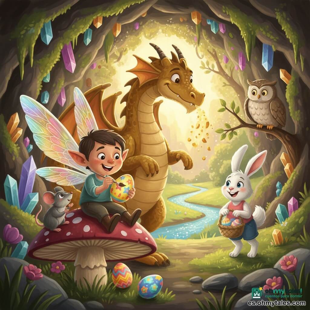 Luma, un pequeño duende de grandes alas irisadas, rostro redondo y ojos brillantes, sentado en un hongo grande y pintando un huevo de Pascua con un pincel fino y colores vivos; Drako, un dragón mediano de escamas doradas y sonrisa amable, detrás de Luma soplando suaves chispas doradas que hacen brillar los huevos; una ratoncita gris curiosa con una mini-cesta de huevos coloridos a su lado; un conejo blanco de largas orejas en la entrada de la cueva con una cesta trenzada, listo para esconder los huevos; un viejo búho en una rama observando con sabiduría; la escena transcurre en una cueva cuyas paredes están cubiertas de cristales multicolor y musgos verdes, con un halo de luz dorada en el centro y la apertura que da a un claro florido con un arroyo brillante y árboles de hojas cantoras; momento mágico en que Luma y Drako decoran huevos de Pascua brillantes con motivos de estrellas, arcoíris y pétalos mientras los amigos miran y se preparan para la gran búsqueda de huevos; estilo: pintura acrílica de colores saturados, texturas de pincel visibles, luces cálidas y contrastes suaves, ambiente alegre y feérico.
