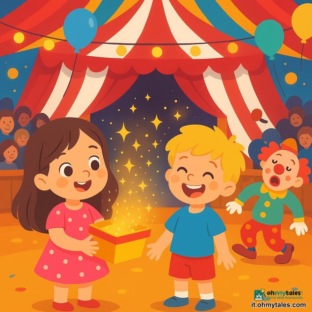 Ci sono 2 personaggi principali: Lina, una bambina di 3 anni con lunghi capelli castani e occhi scintillanti, che indossa un vestito rosa a pois bianchi e tiene una scatola piena di brillantini; e Marco, un bambino di 3 anni con capelli biondi arruffati e un sorriso radioso, che indossa una maglietta blu e pantaloni corti rossi, e si trova accanto a Lina ridendo gioiosamente. La scena principale si svolge in un grande circo colorato con un enorme tendone a strisce rosse e bianche, illuminato da luci scintillanti e decorato con palloncini multicolori. Il pavimento è coperto da un tappeto morbido e spettatori meravigliati sono seduti su panche di legno, in attesa dello spettacolo. La situazione centrale mostra Lina e Marco sul palco, circondati da brillantini che volano nell'aria, ridendo insieme, mentre un clown goffo inciampa accanto a loro, aggiungendo un tocco di magia e gioia a questo momento festivo.