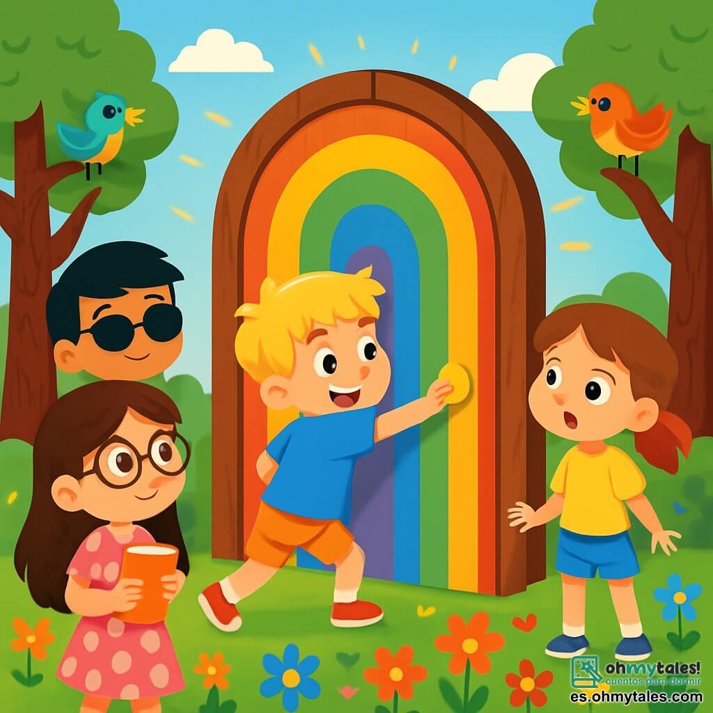 Hay 4 niños: - Lucía: una niña de 8 años con cabello largo castaño y gafas redondas. Lleva un vestido rosa con lunares y sostiene un pequeño cuaderno. Está a la izquierda, mirando la puerta colorida con curiosidad. - Mateo: un niño de 9 años con cabello rubio despeinado y una camiseta azul. Está empujando la puerta con entusiasmo, en el centro. - Clara: una niña de 7 años con cabello castaño y dos coletas. Lleva un short de mezclilla y una camiseta amarilla. Está un poco atrás, con los ojos abiertos de asombro, a la derecha de Mateo. - Tomás: un niño de 8 años con cabello negro y gafas de sol. Lleva una camiseta verde y un short rojo. Está detrás de Lucía, sonriendo y listo para entrar en el mundo mágico. El lugar es un claro encantado, lleno de flores multicolores que bailan al ritmo del viento. En el centro, hay una gran puerta de madera adornada con patrones en forma de arcoíris que brilla bajo el sol. Árboles de chocolate rodean el claro, y pájaros de plumas brillantes cantan melodías alegres. La situación principal muestra a los niños, maravillados, frente a la puerta mágica, listos para abrirla y descubrir el Reino de las Sorprensas, donde todo parece posible y la aventura les espera.