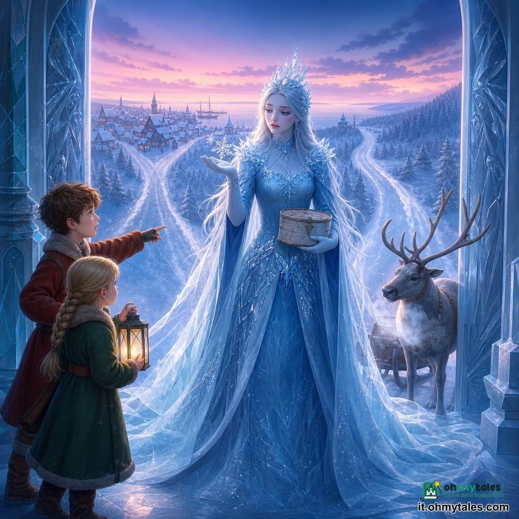 La Regina delle Nevi al centro, volto pallido e luminoso, sguardo malinconico e dolce, lunghi capelli argentati come fili di ghiaccio, veste blu glaciale ricamata di cristalli; tiene una piccola scatola di corteccia di betulla nella mano guantata e osserva un grande fiocco posato sul palmo. Un renna dagli occhi nocciola e mantello grigio perla sta dietro la coda della regina, testa inclinata, alito visibile, pronta a trainare la slitta. Un ragazzo di circa 9 anni, capelli castani arruffati, abito caldo color ruggine, dalla porta del villaggio indica la regina con espressione preoccupata ma curiosa. Una bambina di circa 7 anni, treccia bionda, cappotto verde abete, tiene una piccola lanterna accesa vicino al ragazzo, illuminando i loro volti con una luce calda. Luogo: soglia di un palazzo di ghiaccio scolpito con porte che si aprono su tre sentieri innevati; in lontananza un villaggio dai tetti coperti di neve, una foresta scura e un porto nebbioso, cielo crepuscolare rosa pallido e azzurro. Situazione principale: la regina esita nella scelta del percorso, scatola fragile nelle mani, fiocco brillante come uno specchio incrinato, atmosfera silenziosa e piena di tenuta tensione dolce.