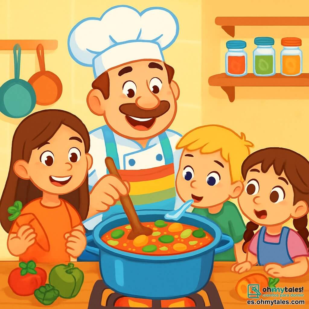 El Chef Tomás es un hombre jovial de unos cuarenta años, con una gran sonrisa y ojos brillantes de alegría. Lleva un gran sombrero de chef blanco y un delantal colorido, y está removiendo una gran olla de sopa de verduras coloridas en el fuego con una cuchara de madera en la mano. Lucía, una niña de 8 años con largos cabellos castaños y una sonrisa radiante, está a su lado sosteniendo una zanahoria naranja que acaba de cortar. Mateo, un niño de 7 años con cabello rubio y ojos curiosos, se inclina sobre la mesa probando una cucharadita de sopa con expresión maravillada. Sofía, una niña de 6 años con trenzas y un delantal morado, observa la olla con ojos desorbitados, ansiosa por probar la sopa. La escena tiene lugar en una cocina luminosa y acogedora, con paredes pintadas de amarillo pastel, estantes llenos de tarros de especias coloridos y verduras frescas sobre la encimera de madera. En esta ilustración, el Chef Tomás y los niños están preparando una sopa de verduras arcoíris, creando una atmósfera alegre y animada, llena de risas y descubrimientos culinarios.