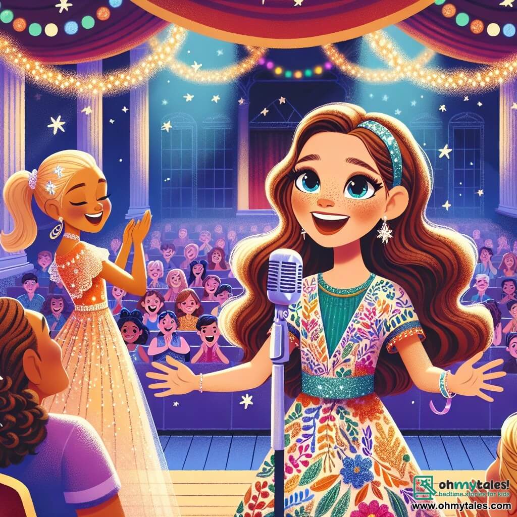 A 10-year-old girl, Lily, stands on stage, radiant and confident, with long wavy brown hair and sparkling joyful eyes. She wears a pretty colorful dress and sings passionately into a microphone, a wide smile lighting up her face. Beside her, her best friend Mia, also 10, is dressed in a sparkling dance costume, enthusiastically applauding with her blonde hair in a ponytail. She is right at the front of the stage, energetically encouraging Lily. The venue is a school auditorium decorated with colorful balloons and glittering garlands, filled with rows of students and parents, all captivated by the performance. The main scene shows Lily about to sing, surrounded by a festive and joyful atmosphere, while the audience eagerly awaits, creating a sense of excitement and support.