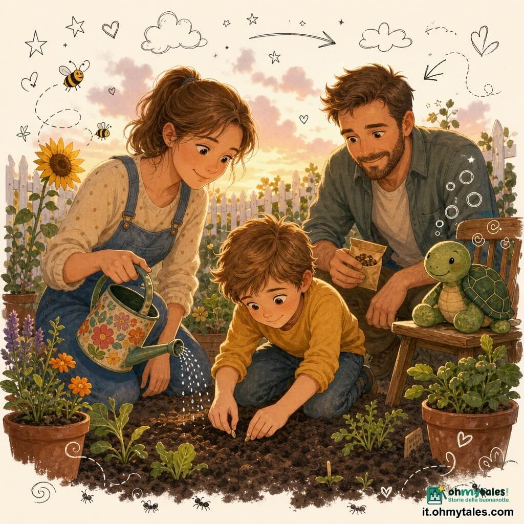 Bambino di 8 anni dal volto rotondo e capelli castano chiaro spettinati, occhi grandi curiosi e sorriso timido, inginocchiato nella terra mentre pianta un piccolo seme di girasole tra le dita; la madre di circa 35 anni con capelli raccolti in coda e espressione dolce lo affianca tenendo un annaffiatoio colorato; il padre di circa 37 anni con barba corta e sguardo fiero è accovacciato dietro di loro con un piccolo pacchetto di semi aperto; una tartaruga marina di peluche è appoggiata su una sedia da giardino a destra con qualche doodle di bolle; il tutto in un piccolo orto familiare al crepuscolo, suolo scuro e ricco, vasi di terracotta, recinzione in legno bianco e luce dorata serale; momento intimo e attivo con gesti teneri, terra che si sbriciola sotto le dita, gocce d'acqua scintillanti e piccoli doodle di formiche e api a suggerire la vita che dipende dalle piante.