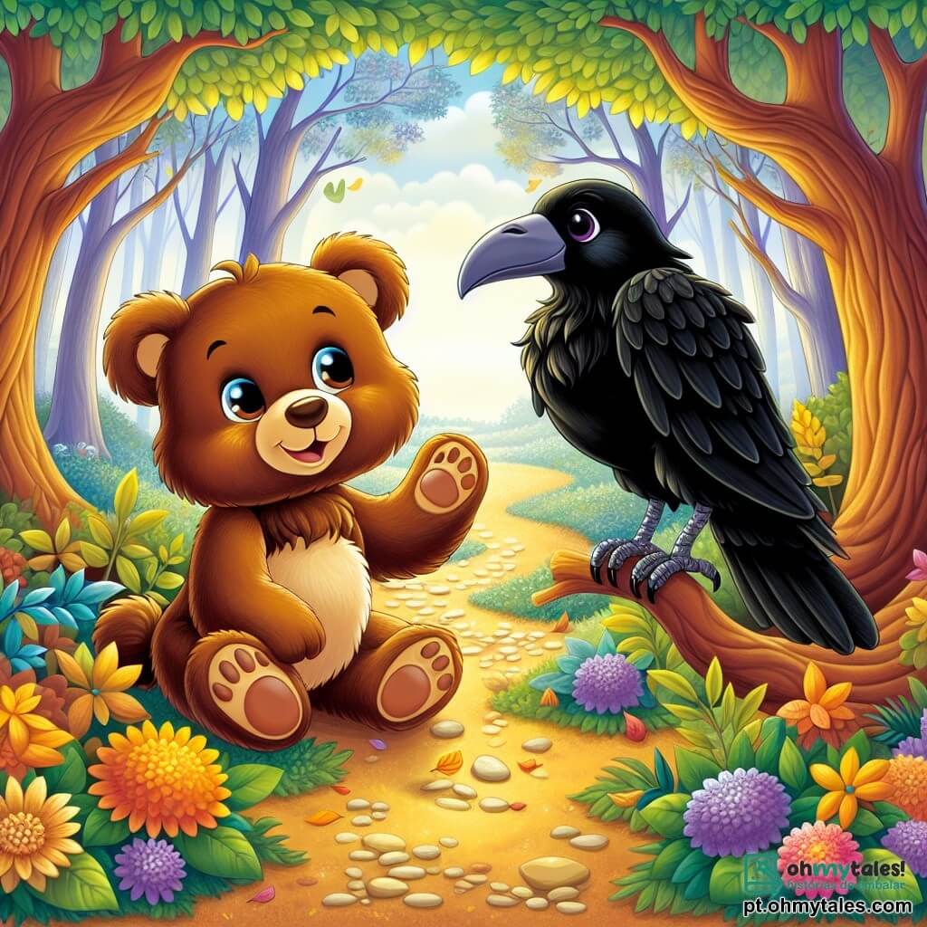 Um adorável urso de pelúcia, chamado Bruno, é representado no centro da imagem, com um pelo marrom macio e olhos brilhantes de curiosidade. Ele sorri, com as patas levantadas, como se estivesse pronto para explorar o mundo ao seu redor. Ao lado dele, um majestoso corvo sábio, com penas pretas brilhantes e olhos penetrantes, está empoleirado em um galho de árvore. Ela observa Bruno com benevolência, exibindo uma expressão de sabedoria e calma, como se estivesse pronta para compartilhar seus conhecimentos. O cenário é uma floresta encantada, repleta de árvores de troncos grossos e folhas douradas que brilham sob a luz do sol. Flores coloridas, com pétalas brilhantes, cercam o caminho que Bruno segue, e um suave riacho serpenteia pela paisagem, adicionando um toque de magia ao todo. A situação principal mostra Bruno fazendo uma pergunta ao corvo, enquanto estão no início do caminho de folhas douradas, simbolizando a busca por conhecimento e respostas em um mundo cheio de mistérios.