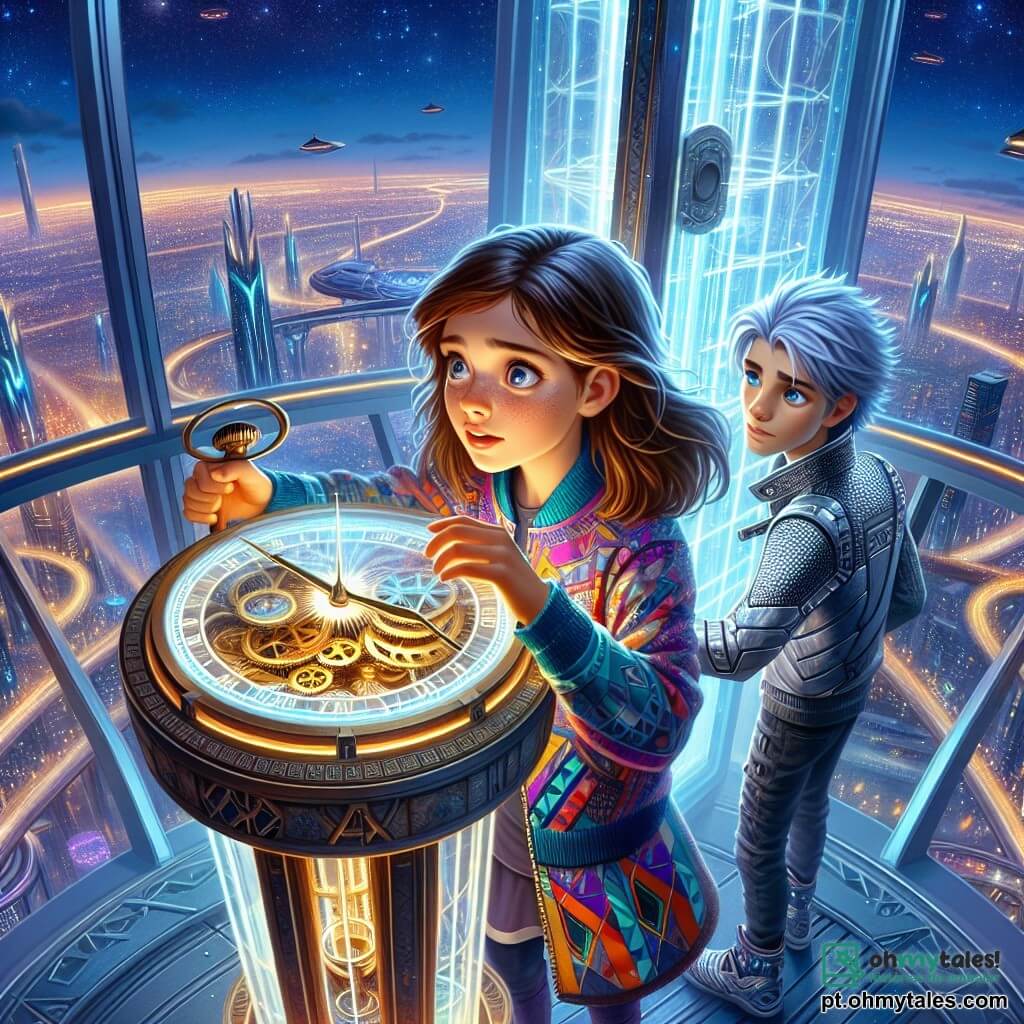 Uma menina de 12 anos, Clara, com longos cabelos castanhos e olhos brilhantes de curiosidade, está no topo de uma alta torre futurista, olhando maravilhada para um céu estrelado. Ela usa uma roupa colorida e moderna, com padrões geométricos, e segura um antigo cronômetro brilhante nas mãos, seu rosto iluminado pela luz das estrelas, revelando uma emoção de excitação misturada com apreensão. Ao seu lado, Alaric, um garoto de 12 anos com cabelos prateados e olhos azuis brilhantes, se inclina sobre o cronômetro, concentrado e determinado. Ele veste uma jaqueta futurista em tons metálicos e observa atentamente os engrenagens, pronto para ajudá-la a ativar a viagem no tempo. O local é uma torre esguia, construída de vidro e metal, cercada por luzes cintilantes e estruturas futuristas, com uma vista da cidade do futuro se estendendo até onde a vista alcança, onde veículos voadores deslizam silenciosamente no céu noturno. A cena principal mostra Clara e Alaric ajustando o cronômetro para alinhar os engrenagens com as constelações brilhantes acima deles, criando uma atmosfera de mistério e aventura, enquanto se preparam para desencadear uma viagem no tempo.