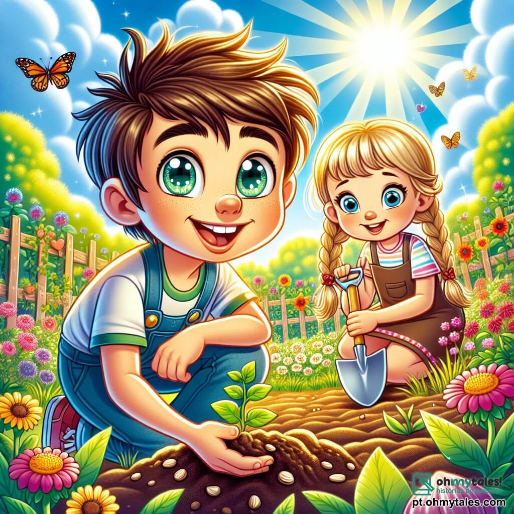 Um garoto de 12 anos, chamado Pedro, com cabelos castanhos bagunçados e olhos brilhantes de curiosidade, está agachado em um jardim ensolarado, sorrindo entusiasmado enquanto planta uma pequena semente no solo fértil. Ao seu lado, sua irmã Clara, uma menina de 10 anos com cabelos loiros trançados, segura uma pequena pá e observa Pedro com admiração, pronta para ajudar. O jardim está cheio de fileiras de flores coloridas, vegetais verdes exuberantes e borboletas voando, tudo sob um céu azul radiante salpicado de nuvens brancas fofas. A cena principal mostra Pedro e Clara em plena ação, cercados pela beleza da natureza, compartilhando um momento alegre e cúmplice enquanto trabalham juntos para cultivar seu jardim comunitário.
