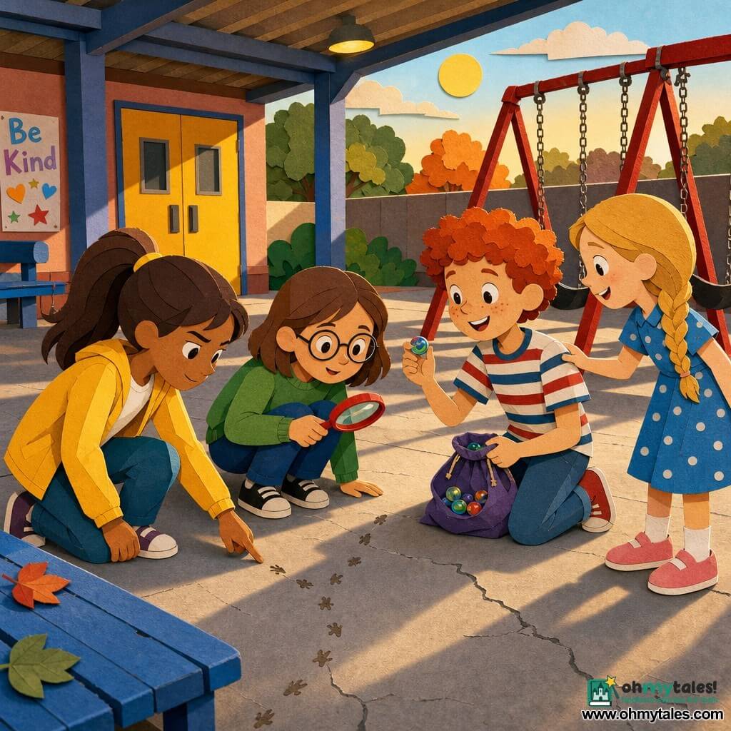 There are four children: Lily, ~10, brown hair in a ponytail, yellow jacket, standing left, looking down resolutely and pointing at small footprints on the ground; Emma, ~10, short chestnut hair, round glasses, green sweater, crouched center examining the ground with a red plastic magnifying glass; Sophie, ~10, blonde hair in a braid, blue polka-dot dress, standing right, smiling and tugging Timmy’s sleeve to get his attention; Timmy, ~10, curly red hair, striped t‑shirt, standing by the swings holding open a small cloth bag of marbles and showing a large shiny marble to the group. The setting is a covered school playground with slightly cracked concrete, a blue-painted wooden bench, a row of red metal swings behind the children, a warm light arch and a large yellow entrance door in the background; late afternoon light with long shadows. Main scene: the young investigators discover a shiny marble; dynamic poses, curious, conspiratorial expressions, tiny footprints leading toward Timmy, bright colors and visible paper-cut textures (cut edges, layered pieces, soft shadows).