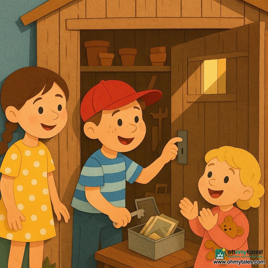 A proud, enthusiastic 6-year-old boy with a round freckled face, red cap and blue-and-white striped shirt holds a small silver key and opens a narrow light-brown wooden garden shed; to his left Lily, a curious smiling 6-year-old girl with brown pigtails in a yellow polka-dot dress peers inside, and to his right Emma, a joyful 3-year-old with blonde curls in a pink sweater claps while holding a small stuffed toy. The shed’s peeling boards, shelves of terracotta pots, wooden-handled tools and seed packets surround a dusty small silver box at the center containing a stack of yellowed photos and a folded note; sunlight streams through a skylight casting warm rays and soft shadows on the plank floor. Overall warm contrasting tones, simple shapes, crisp outlines and paper-cut textures evoke a joyful, mysterious children’s scene.