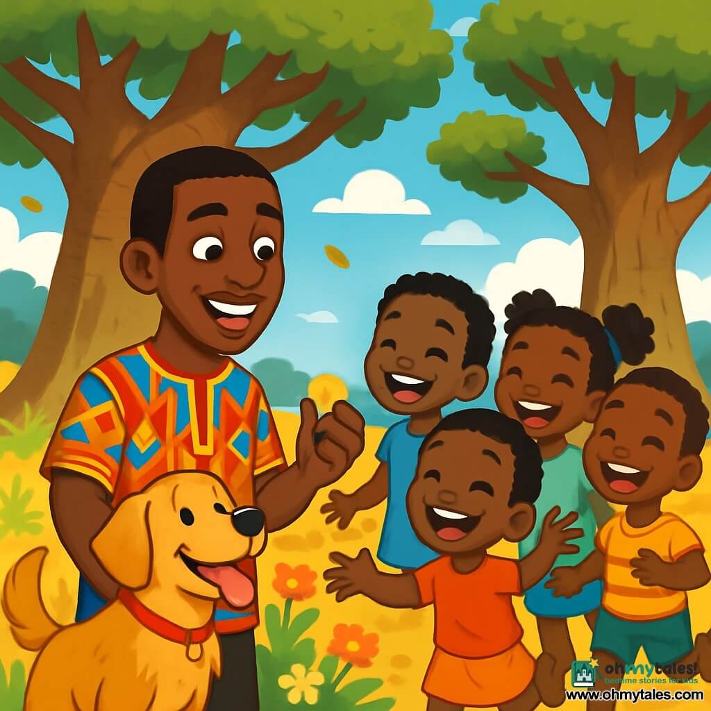 A man named Mosi, in his thirties, with a broad, radiant smile and sparkling, curious eyes, stands in the shade of majestic baobabs. He wears a colorful tunic with vibrant African patterns and holds a small piece of millet bread in his hand, ready to share. Beside him, a joyful golden retriever named Bemba wags his tail enthusiastically, his eyes shining with happiness. The scene is a sunny African landscape, with two imposing baobabs featuring gnarled trunks and wide branches, surrounded by colorful wildflowers and a gentle breeze rustling the leaves. The main situation shows Mosi sharing his bread with a group of joyful children, their faces lit up with joy and excitement as they approach with laughter and bright smiles, creating a warm and friendly atmosphere under the blue sky.