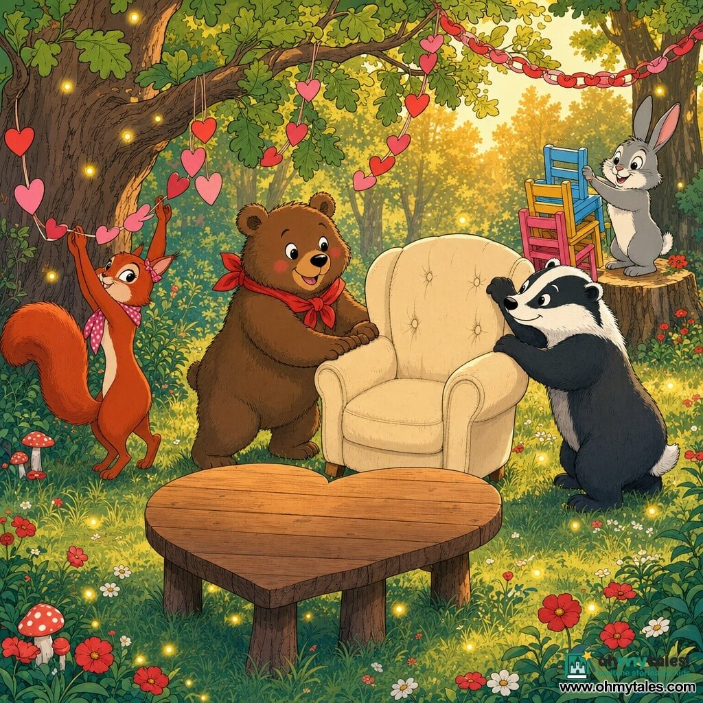 A small round fluffy brown bear with bright eyes, rosy cheeks and a tied red scarf pushes a large cream cushioned chair toward a heart-shaped wooden table in a sunny forest clearing; a slim red squirrel on a low branch to the left hangs pink heart garlands, a stout calm black-and-white badger to the right helps push from behind, a lively gray rabbit on a stump in the background claps while holding a small stack of colorful chairs, green grass dotted with red and white flowers, tall oaks with paper garlands, drifting yellow fireflies, pastel tones, soft textures and golden late-afternoon light evoking a warm Valentine’s celebration.