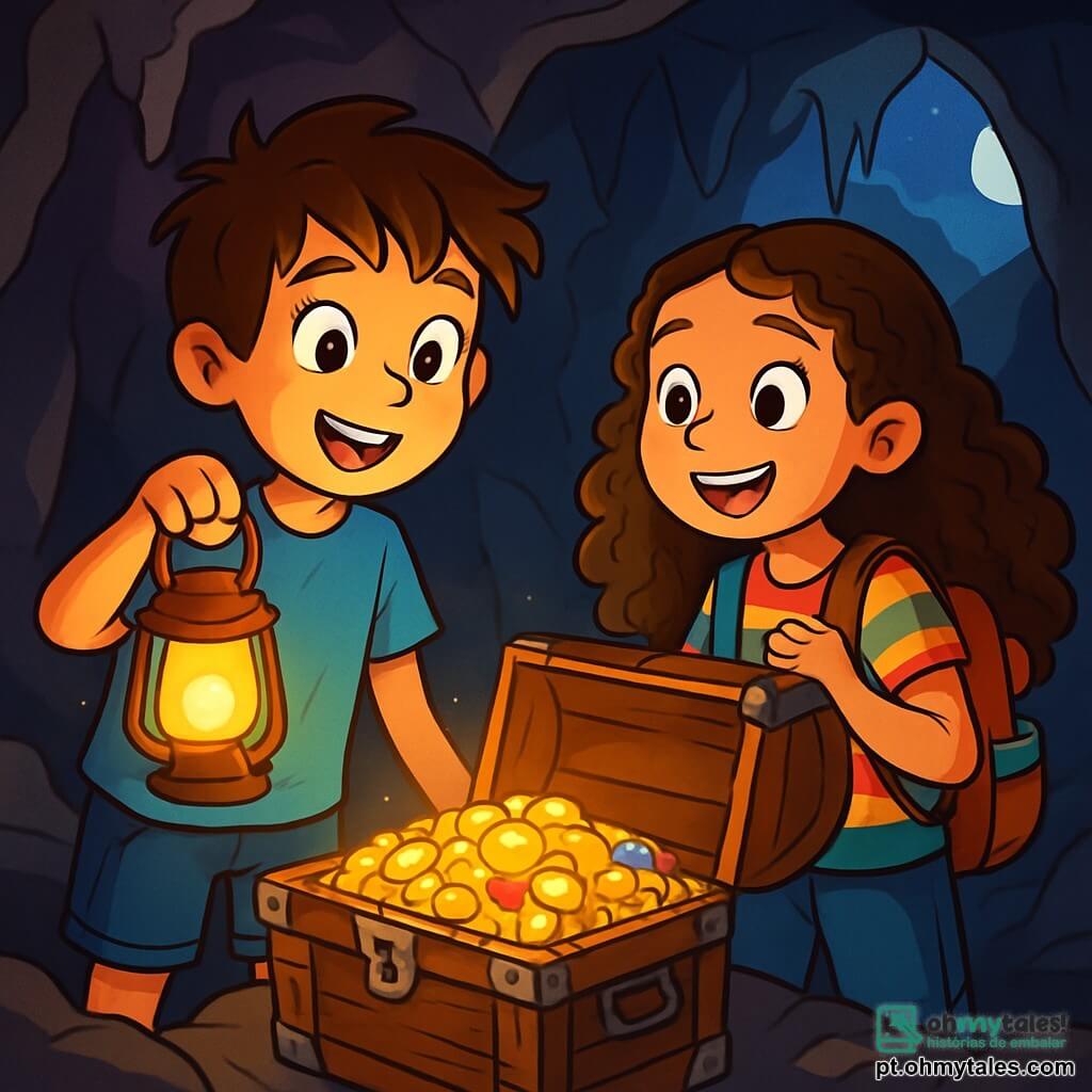 Um menino de 10 anos, chamado João, está à beira de uma caverna misteriosa, com os olhos brilhando de emoção e admiração. Ele tem cabelos castanhos bagunçados, uma camiseta azul e um short de jeans, segurando uma lanterna velha que ilumina seu rosto com um brilho dourado. Ao seu lado, sua melhor amiga Luísa, uma menina de 10 anos com cabelos longos e cacheados, usa uma camisa listrada colorida e uma mochila cheia de suprimentos. Ela observa o tesouro com um sorriso radiante, seus olhos brilhando de aventura. A cena acontece em uma caverna escura, com paredes de pedra áspera e estalactites penduradas no teto. Um raio de lua entra por uma fenda, iluminando um grande baú de madeira antiga, adornado com ferragens enferrujadas, que está aberto e revela moedas de ouro cintilantes e joias coloridas. João e Luísa, maravilhados, descobrem o tesouro escondido, cercados por uma atmosfera de emoção e mistério, prontos para compartilhar sua incrível descoberta.