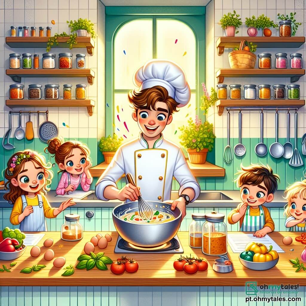 O personagem principal é um homem, o Chef João, sorridente e entusiasmado, com cabelos castanhos e um bigode bem aparado. Ele usa um paletó de chef branco com botões coloridos e um avental listrado. Ele está misturando ingredientes em uma tigela grande, com cores ao seu redor, mostrando sua energia e paixão pela culinária. Ao seu lado, um grupo de quatro crianças, todas com idades entre 8 e 10 anos, o rodeia. Uma menina de cabelos cacheados e loiros, usando um pequeno chapéu de chef, está cortando tomates com cuidado. Um menino de óculos, com cabelos castanhos, está batendo ovos em uma tigela, com uma expressão concentrada. Outra menina, com tranças e um sorriso radiante, adiciona folhas de manjericão à mistura, enquanto um menino de cabelos pretos, rindo, segura um prato cheio de legumes coloridos. A cena se passa em uma cozinha iluminada e acolhedora, com paredes pintadas de amarelo pastel, prateleiras cheias de potes de especiarias e legumes frescos dispostos sobre a bancada. Utensílios de cozinha brilhantes pendem acima deles, e uma janela deixa entrar a luz do sol, iluminando o espaço. A situação principal mostra o Chef João e as crianças preparando um prato saboroso para um concurso de culinária, com uma atmosfera alegre e colaborativa, onde cada um contribui com seu toque pessoal à receita.