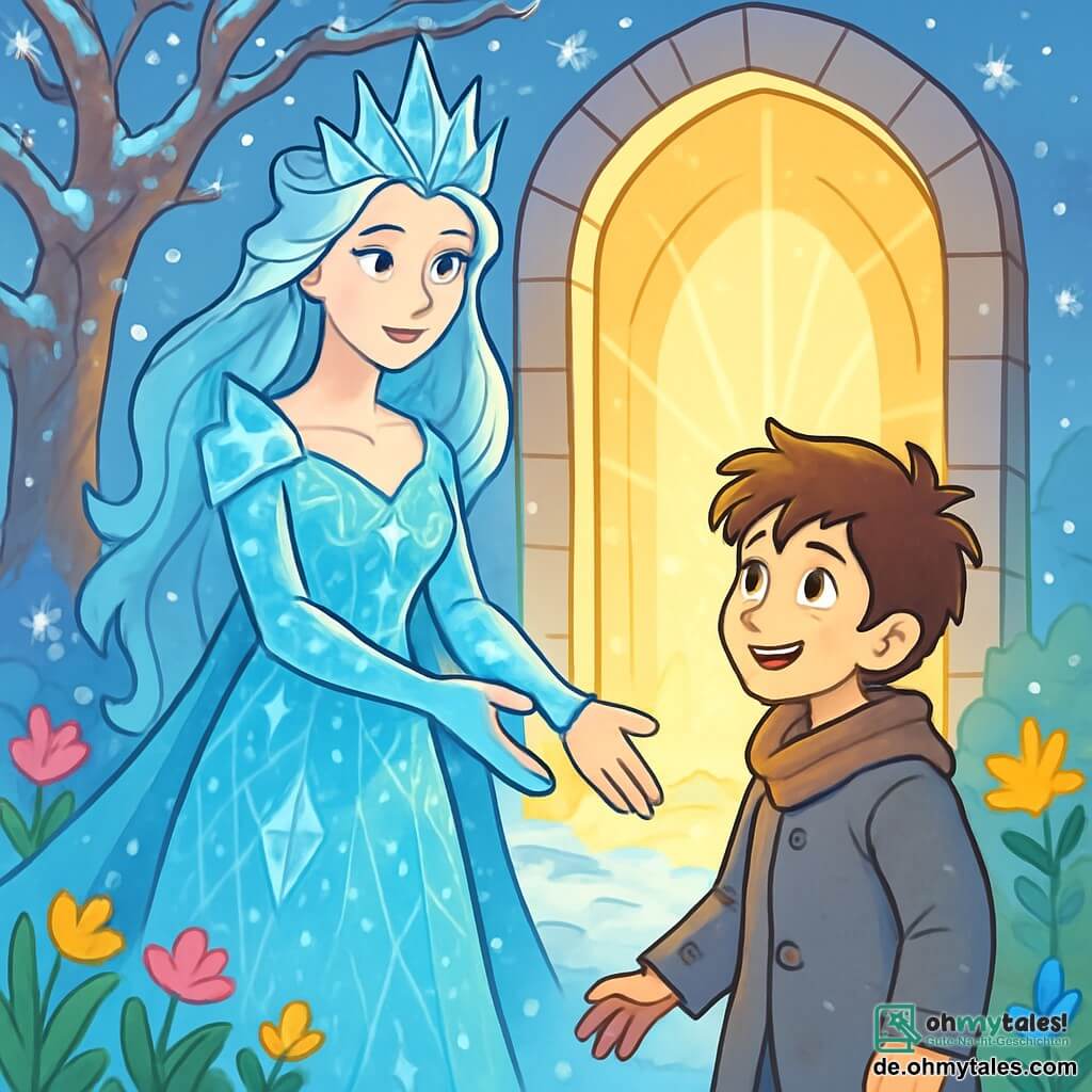 Die Schneekönigin, eine majestätische Frau von ätherischer Schönheit, trägt ein glitzerndes Kleid aus Eiskristallen, das das Sonnenlicht reflektiert. Ihr Gesicht ist sanft, aber entschlossen, mit tiefblauen Augen, die voller Emotionen und Mitgefühl sind. Sie steht im Mittelpunkt der Szene und reicht einem jungen Jungen, Eldur, mit einem warmen Lächeln die Hand. Eldur, ein etwa 12-jähriger Junge mit zerzausten braunen Haaren und neugierigen Augen, trägt einen grauen Wollmantel und steht direkt neben der Königin, während er den magischen Tor mit Staunen betrachtet. Die Szenerie ist ein verzauberter Garten, in dem bunte Blumen aus dem noch gefrorenen Boden sprießen, und ein großer Baum mit verdrehten Ästen, der mit glitzernden Kristallen bedeckt ist, im Hintergrund steht. Sanfte Schneeflocken fallen und schaffen eine Atmosphäre von Magie und Erneuerung. Die Schneekönigin und Eldur stehen vor einem großen leuchtenden Tor, das den Zugang zu einer neuen Welt symbolisiert, während ein sanftes goldenes Licht von innen strahlt und ihre Gesichter mit Hoffnung und Entschlossenheit erleuchtet.