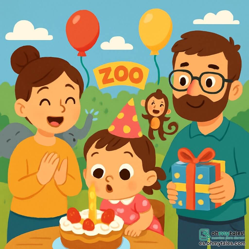 Una niña de 2 años, Mía, con grandes ojos brillantes y una sonrisa radiante, lleva un vestido rosa con lunares y un pequeño sombrero de fiesta. Está soplando una vela de cumpleaños sobre una hermosa tarta decorada con fresas y crema. A su lado, su mamá, una mujer sonriente de unos 30 años con el cabello castaño recogido en un moño, aplaude con entusiasmo. Su papá, un hombre de unos 30 años con barba suave y gafas, sostiene un regalo colorido y sonríe orgulloso al mirar a su hija. El zoológico está de fondo, lleno de colores vivos: árboles verdes exuberantes, animales felices como un elefante gris que sopla agua y un mono marrón que baila en una rama. El cielo es azul con algunas nubes blancas esponjosas. La escena principal muestra a Mía, rodeada de sus padres, celebrando su cumpleaños en un ambiente alegre y festivo, con globos coloridos flotando a su alrededor.