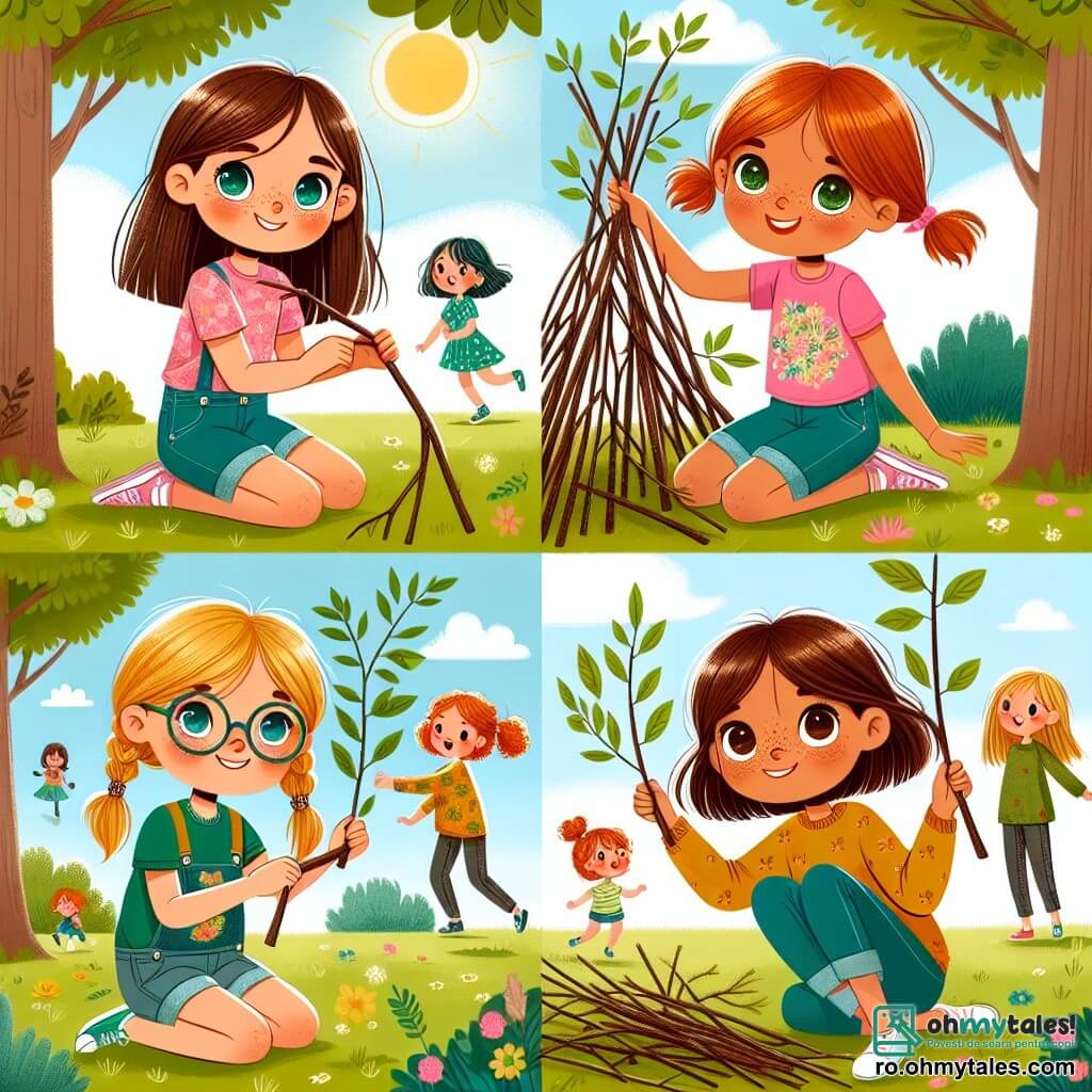Într-un parc însorit, patru fete sunt adunate în jurul unei fortărețe făcute din crengi și frunze. Andreea, o fată de nouă ani cu părul brun și ochi strălucitori, poartă un tricou roz și șort din blugi, zâmbind în timp ce ține o creangă pentru a construi fortul. Maria, o altă fată de nouă ani cu părul castaniu și ochelari rotunzi, este îmbrăcată într-o rochie cu flori și o privește cu entuziasm pe Andreea, pregătită să o ajute. Elena, de asemenea de nouă ani, are părul blond și împletituri, poartă un tricou galben și pantaloni albaștri, aplecată adunând frunze pentru fort. Mira, o fată de nouă ani cu părul roșu și pistrui pe față, poartă un pulover verde și pantaloni negri, zâmbind timid în timp ce ține o creangă, simțindu-se acceptată de celelalte. Parcul este plin de copaci verzi, flori colorate și un cer albastru strălucitor, iar în depărtare se văd copii jucându-se și râzând, adăugând la atmosfera veselă. Cele patru fete construiesc fortul, discutând și râzând, ilustrând importanța prieteniei și a toleranței, în ciuda diferențelor lor.