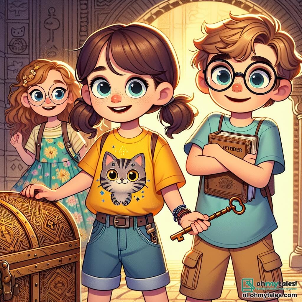 Een 7-jarig meisje, Lotte, staat voor een oude mysterieuze villa, haar ogen stralend van nieuwsgierigheid en opwinding. Ze heeft lang bruin haar in twee staarten, draagt een gele t-shirt met een kattenafbeelding en een spijkerbroekshort. In haar hand houdt ze een oude roestige sleutel, klaar om een grote houten kist met oude patronen te openen. Naast haar kijkt haar vriend Sam, een 8-jarig jongen met ronde bril en rommelig kastanjebruin haar, met een mengeling van verwondering en verwachting naar de kist. Hij draagt een blauwe t-shirt en cargobroek, terwijl hij een klein notitieboekje in de andere hand vasthoudt om hun ontdekkingen op te schrijven. Noor, een 7-jarig meisje met krullend blond haar en een stralende glimlach, staat iets op de achtergrond met gekruiste armen, maar met een vastberaden blik. Ze draagt een bloemenjurk en sandalen, klaar om haar vrienden aan te moedigen in dit avontuur. De scène speelt zich af in de villa, waar het licht door de grote stoffige ramen valt, en oude meubels bedekt zijn met witte lakens. Spinnenwebben hangen in de hoeken en boeken liggen verspreid over de vloer, wat bijdraagt aan de mysterieuze en avontuurlijke sfeer. Lotte, Sam en Noor bereiden zich voor om de kist te openen, vol verwachting om de geheimen die erin verborgen zijn te ontdekken, wat hun onderzoekende geest en onwrikbare vriendschap illustreert.