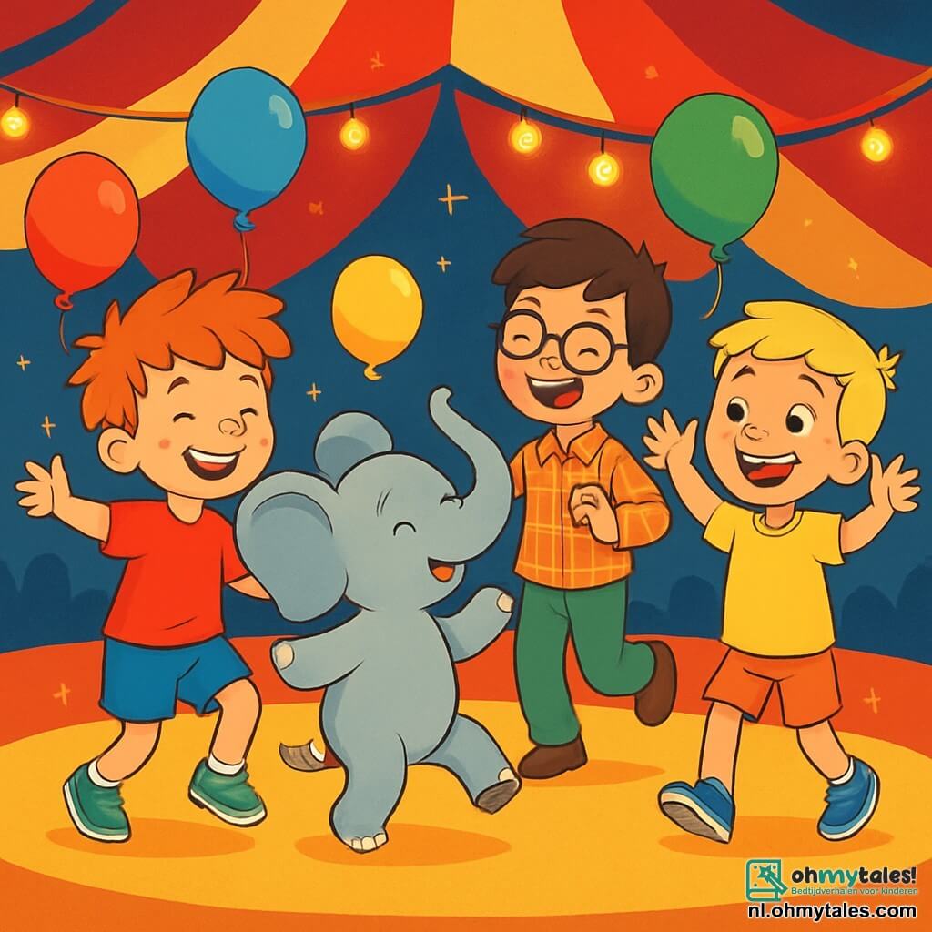 Er zijn 3 personages: - Bram: een 8-jarig jongetje met messy rood haar en sproeten op zijn gezicht. Hij draagt een rode t-shirt en een blauwe short. Hij danst vrolijk met een klein olifantje genaamd Elsje. - Finn: een 7-jarig jongetje met bruin haar en scheve bril. Hij is gekleed in een geruit overhemd en groene broek. Hij probeert het ritme van Elsje's dans te volgen, terwijl hij lacht. - Sam: een 8-jarig jongetje met blond haar en een grote glimlach. Hij draagt een gele t-shirt en een oranje short. Hij staat dicht bij Bram en steekt zijn armen op om de olifant aan te moedigen om te dansen. De locatie is onder een groot kleurrijk circustent met rode en witte strepen. Fonkelende lichten verlichten het podium en meerkleurige ballonnen zweven in de lucht. De sfeer is feestelijk, vol gelach en vrolijke muziek. De belangrijkste situatie toont Bram en Elsje die samen in het midden van de piste dansen, terwijl Finn en Sam hen enthousiast aanmoedigen. De toeschouwers om hen heen lachen en applaudisseren, wat een sfeer van vreugde en magie creëert.