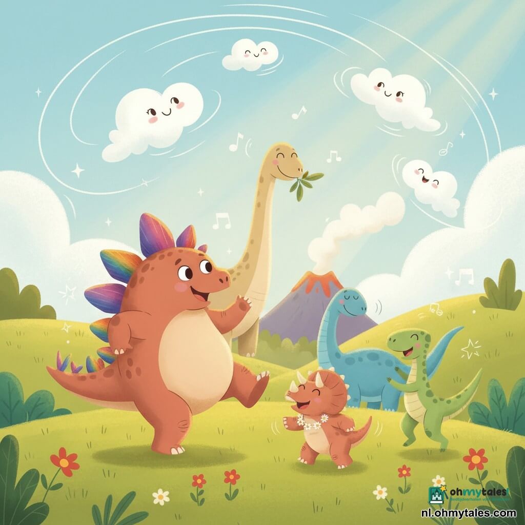 Stijn de stegosaurus, groot en rond met brede kleurrijke glanzende platen en een glimlach, danst met één poot in de lucht; Trudy de triceratops, klein en dapper met korte hoorns en een bloemenkrans, lacht en stampt naast hem; een vrolijke velociraptor, slank en springerig met lichtgroene vlekken, speelt tikkertje; een rustige hoge brachiosaurus met een lange beige nek kijkt glimlachend vanachter en wuift met bladeren; een slaperige maar tevreden diplodocus, lang en zachtblauw, klapt met zijn staart; pluizige glimlachende wolken zweven laag en draaien boven de dino’s. De scène speelt zich af in een kleurrijk grasdal met ronde heuvels, kleine rode en gele bloemen, een zachte berg en een ongevaarlijke vulkaan op de achtergrond; lichtblauwe lucht met zonnestralen. Hoofdtaferelen: een vrolijk buitenfeest waar dino’s en wolken dansen en spelen, met denkbeeldige muziek en hoorbaar gelach.