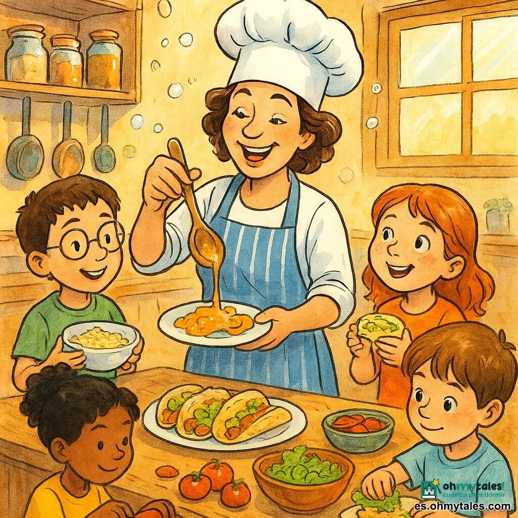 Una chef sonriente y cariñosa, la Chef Sofía, con gran gorro blanco y delantal a rayas azules, sostiene una cuchara de madera y vierte suavemente una salsa dorada sobre tacos mientras niños la rodean: Marta, una niña de 7 años pelirroja con pecas sostiene una pequeña tortilla a la derecha; a la izquierda, un niño de 8 años con gafas redondas y cabello castaño sujeta un cuenco de queso rallado; otros 2-3 niños mixtos ayudan en la mesa central cortando tomates y preparando ensalada. La cocina es luminosa y acogedora, con grandes ventanas y luz dorada, estantes de madera con frascos coloridos, un amplio mostrador de madera, ollas colgantes y burbujas de jabón flotando; ambiente cálido, texturas visibles (madera, tela, metal brillante) y trazos de tinta dinámicos.