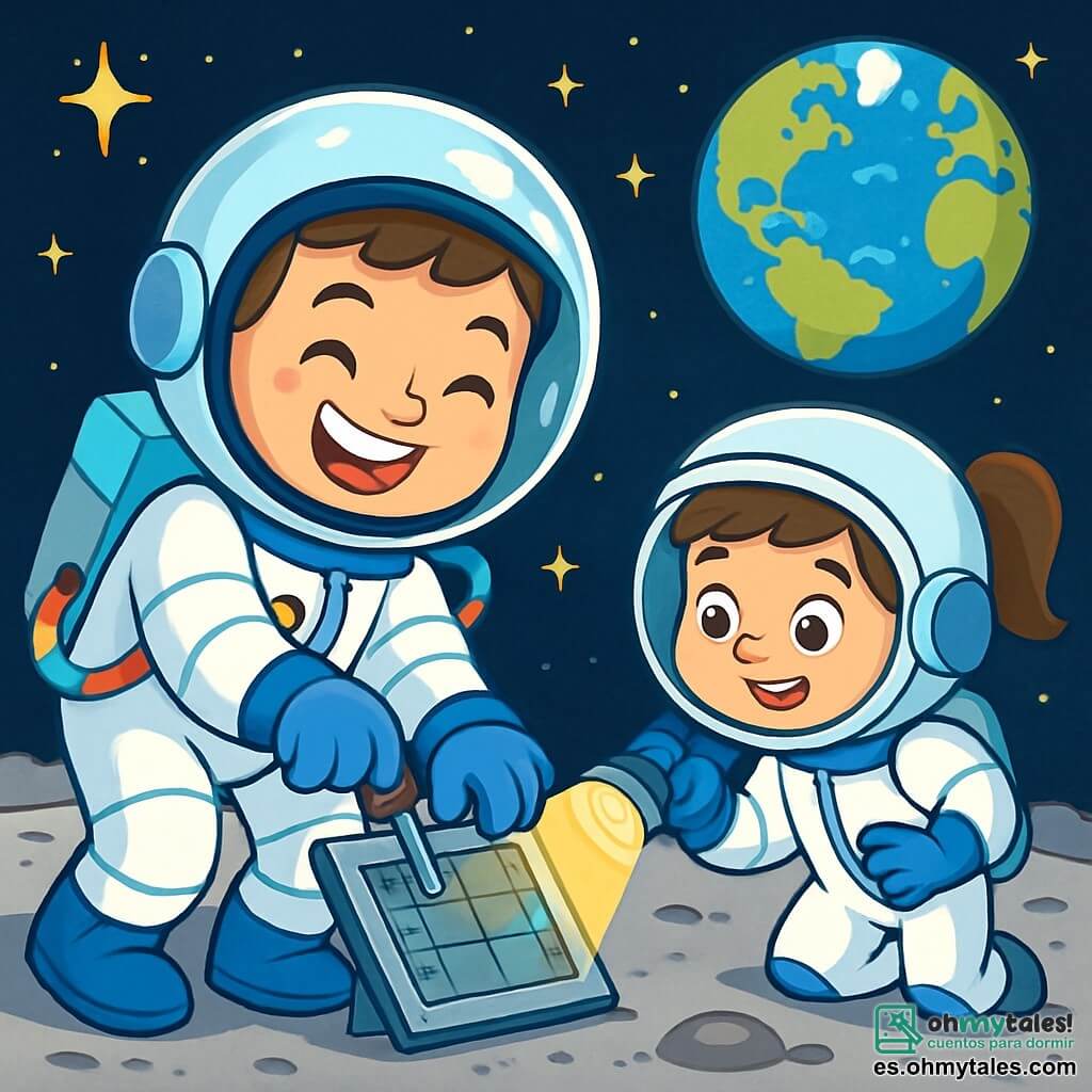 Un astronauta hombre, Lucas, flota en el espacio con una gran sonrisa radiante de alegría y determinación. Su casco brilla y refleja las estrellas centelleantes, mientras que su traje espacial blanco y azul está bien ajustado, con tubos de colores que serpentean por sus brazos. Está reparando un panel en la superficie de la luna con gestos precisos y atentos. Cerca, una niña de unos 10 años, su compañera, observa con una linterna. Tiene el cabello castaño recogido en una cola de caballo y lleva un pequeño casco de astronauta que se desliza ligeramente sobre sus ojos. Sonríe con ánimo, sosteniendo la linterna que ilumina el panel que Lucas repara. El lugar es una vasta extensión lunar, con un suelo gris y polvoriento, salpicado de cráteres y rocas. En el fondo, la Tierra brilla en un azul intenso, rodeada de nubes blancas, creando un hermoso contraste con el negro profundo del espacio. La situación principal muestra a Lucas resolviendo un problema técnico con su equipo, mientras su compañera le ayuda iluminando el panel. Juntos trabajan en equipo, ilustrando la amistad y la colaboración en la inmensidad del espacio.