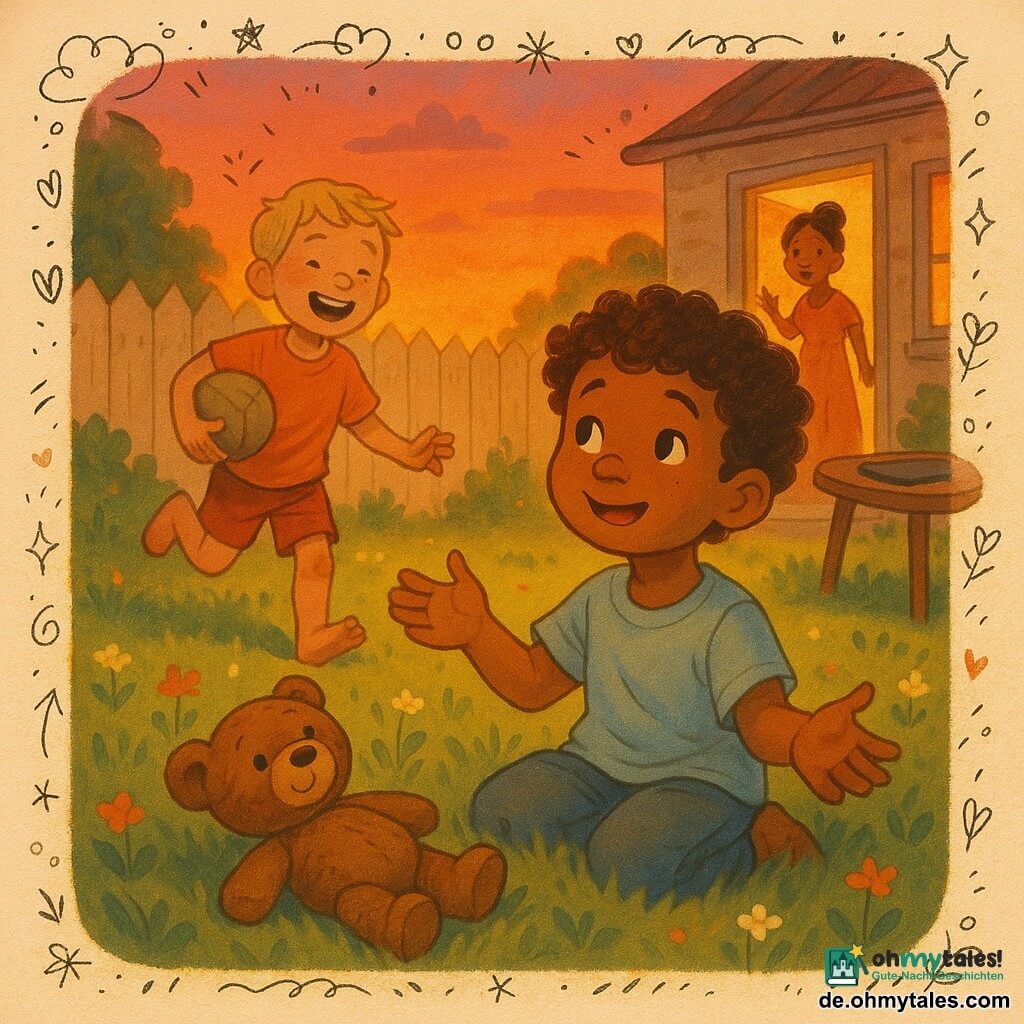 Ein etwa sechsjähriger Junge mit braunen lockigen Haaren, runden Wangen und Sommersprossen sieht staunend den Sonnenuntergang an, lächelt leise mit leuchtenden Augen und ausgebreiteten Händen, sein hellblaues T-Shirt zerknittert; sein gleichaltriger Freund Jonas, kurz blondes Haar, lacht und rennt auf ihn zu, trägt rote Shorts und hält einen abgenutzten Ballon unter dem Arm; eine Mutter von etwa 30–35 Jahren mit zusammengebundenem kastanienbraunem Haar steht hinten im Garten bei der Küchentür und winkt wohlwollend, ein kleiner brauner Teddybär liegt schmutzig im Gras neben dem Jungen; Vorortgarten in der Dämmerung mit grüner Wiese, Blumen, heller Holzzaun, langen Schatten und rot-orange-rosa Himmel, ein ausgeschaltetes Tablet liegt auf einem Gartentisch — die Szene zeigt den magischen Moment, in dem die Jungen das Gerät verlassen und unter dem flammenden Himmel davonrennen, warme Farben, dynamische Gesten und ruhige, fröhliche Stimmung.