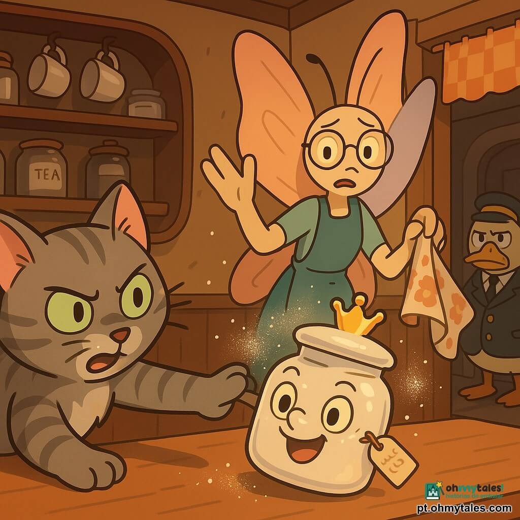 Mimo, um gato cinza tigrado de pelagem macia com olhos verdes maliciosos e bigode açucarado, parece decidido e surpreso enquanto empurra com a pata direita um açucareiro mágico branco de porcelana com pequena coroa dourada e etiqueta pendurada; cristais de açúcar flutuam no ar. O açucareiro, travesso e excitado, está no balcão; Dona Mariposa, grande mariposa antropomórfica de asas em tons pastel e óculos redondos, atrás do balcão, parece preocupada mas digna, agitando uma toalha florida para conter o açúcar. Na porta, o prefeito Pato, um pato corpulento de casaco oficial, está no capacho com ar severo e hesitante, pronto a entrar. Cena numa casa de chá acolhedora com prateleiras de madeira curvada, xícaras penduradas, frascos etiquetados e luz quente por uma janela redonda; momento cômico e tenso em que o gato faz o açucareiro espirrar um nuvem de açúcar enquanto a mariposa tenta evitar a bagunça e o prefeito hesita, em tom fantasioso e divertido.