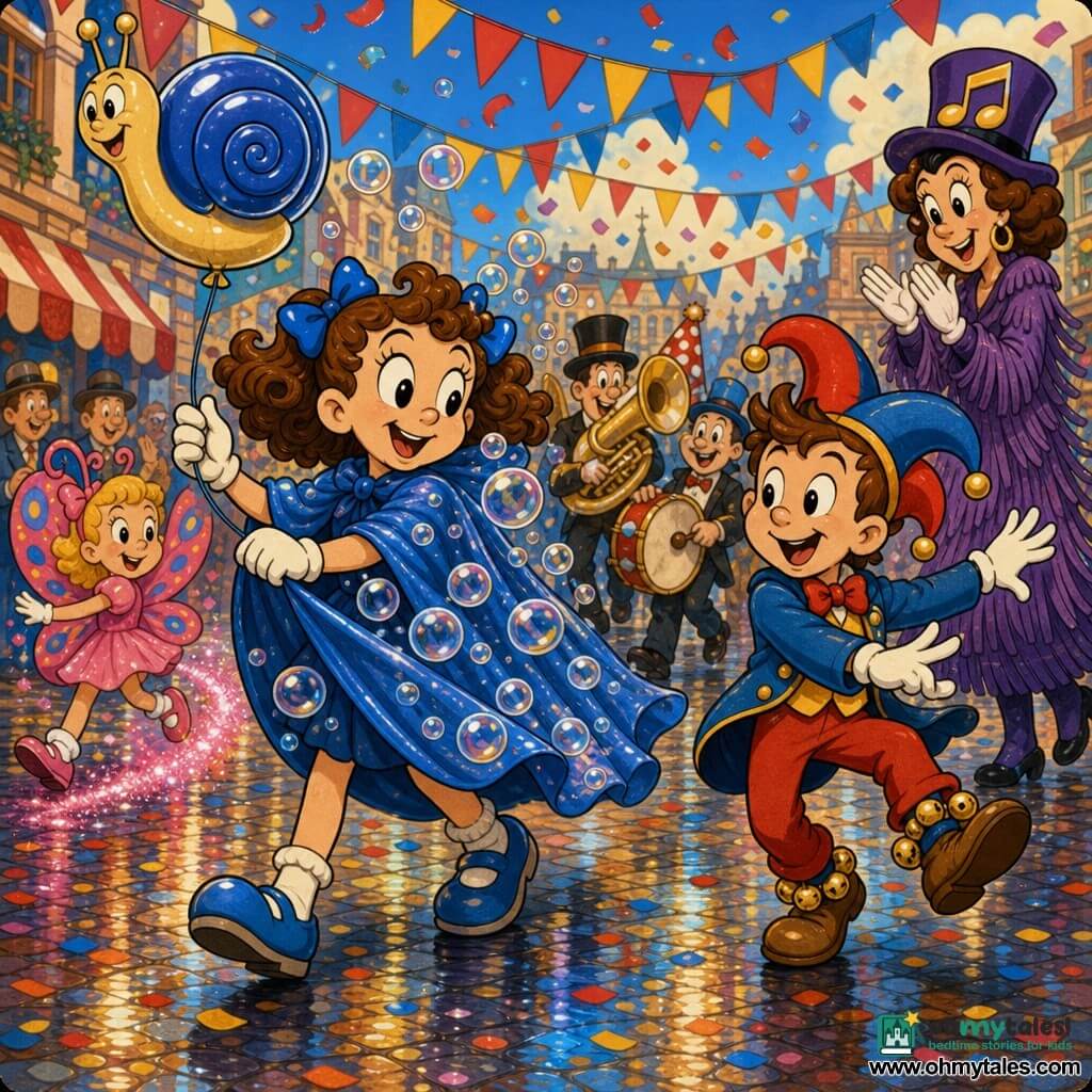 An 8-year-old girl, joyful and slightly surprised, with brown curly hair tied with blue bows, wears a shiny blue cape and holds a snail-shaped balloon while shaking her cape covered in transparent bubbles; beside her Max, a mischievous ~8-year-old boy in a sequined jester hat with ankle bells, dances waving his arms. A ~6-year-old girl costumed as a butterfly passes left leaving pink glitter; a tall woman in a music-note hat and purple fringed coat applauds right in the background. The scene is a paved carnival square with diagonal multicolored bunting, striped banners and red-yellow-blue confetti swirling; the foreground reflects light like wet confetti in small shiny puddles. The girl leads a joyful parade under a rain of bubbles and confetti with musicians and whimsical hats following in rhythm. Visual style: saturated colors, thick black outlines, dynamic poses, rounded rubber-hose silhouettes and clear, wide smiles.