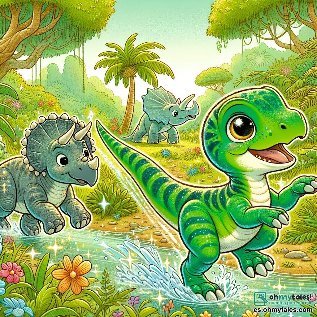 Un pequeño velociraptor llamado Rapi, con escamas verdes brillantes y ojos llenos de curiosidad, corre alegremente en una jungla exuberante. A su lado, su amigo Tino, un triceratops robusto con tres majestuosas cuernos, sonríe mientras salta en la hierba alta, mientras que un pequeño brontosaurio llamado Beto, con un largo cuello y piel azul suave, los sigue moviendo su cola con entusiasmo. La escena transcurre junto a un arroyo brillante, rodeado de árboles gigantes con hojas verdes vibrantes y flores coloridas que bailan al viento. Rapi, Tino y Beto juegan juntos en el agua, salpicando felices, mientras buscan el camino de regreso a casa, llenos de emoción y amistad.