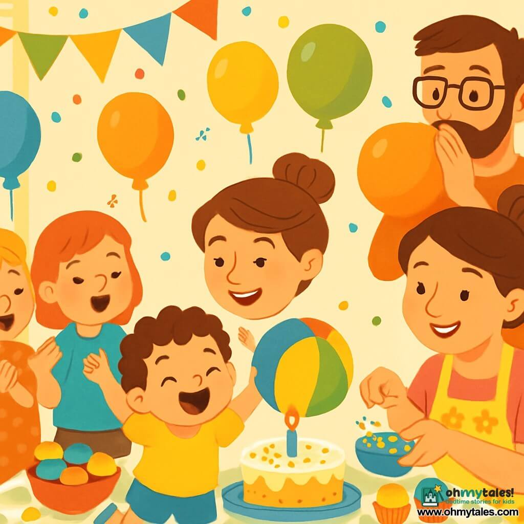 A 2-year-old boy with curly hair and sparkling eyes smiles widely while holding a colorful balloon. He wears a bright yellow t-shirt and blue shorts, jumping with joy, his arms raised to the sky. His mother, a woman in her thirties with brown hair tied in a bun, stands beside him, smiling as she decorates a cake with colorful sprinkles. She wears a floral apron and looks happy. The father, a man in his thirties with a light beard and glasses, is inflating balloons, standing near a table decorated with colorful garlands. The scene takes place in a bright, warm room adorned with floating balloons and twinkling garlands. A large table is covered with a cheerful tablecloth featuring cakes and treats. The little boy is surrounded by his friends singing "Happy Birthday" as he blows out a candle on the cake, a big smile on his face, full of excitement and happiness.