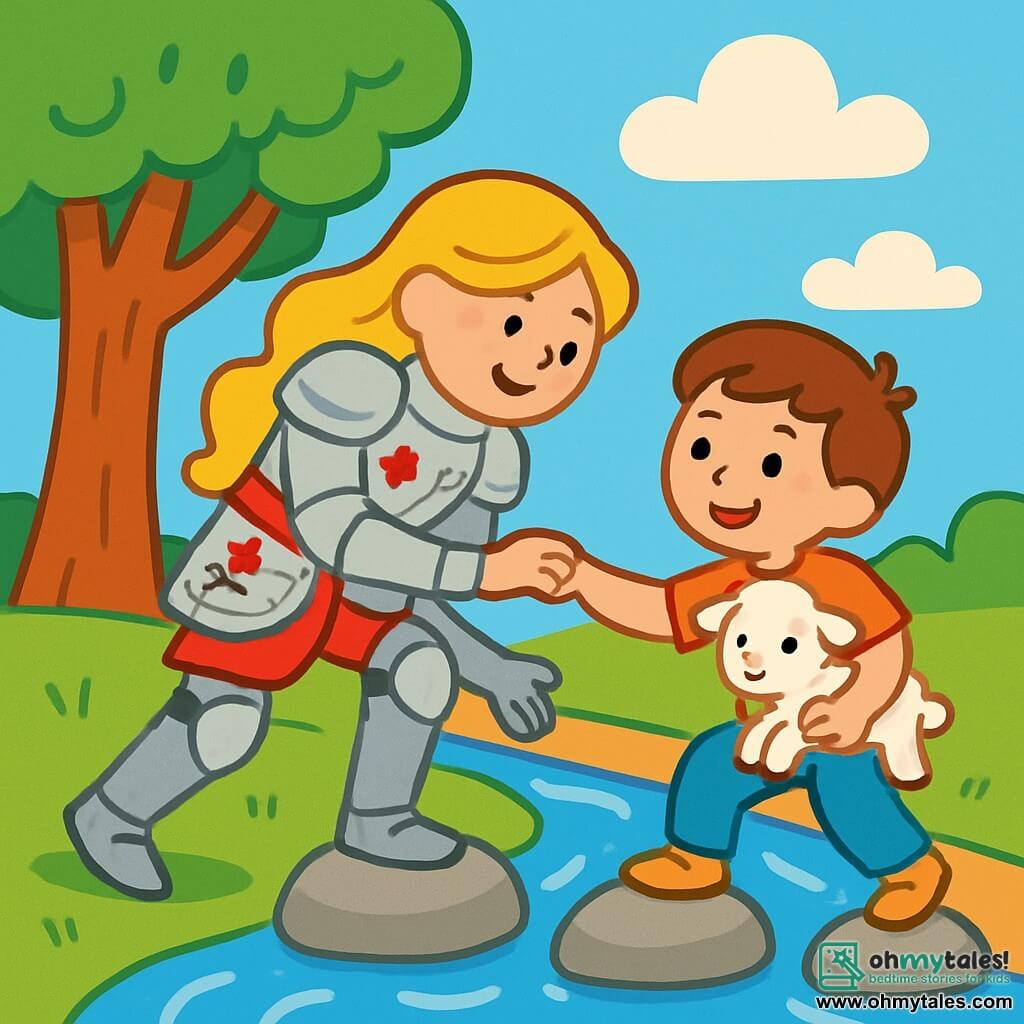 A smiling female knight with long golden hair wears a shiny armor adorned with floral patterns. She gently leans towards a boy of about 6 years old, with sparkling eyes and brown hair, who is holding a small white lamb in his arms. They are near a large tree with vibrant green leaves, under a blue sky dotted with fluffy white clouds. The knight, full of kindness and determination, reaches out to help the boy cross smooth stones over a sparkling stream. The atmosphere is joyful and peaceful, filled with bright colors and warm light.