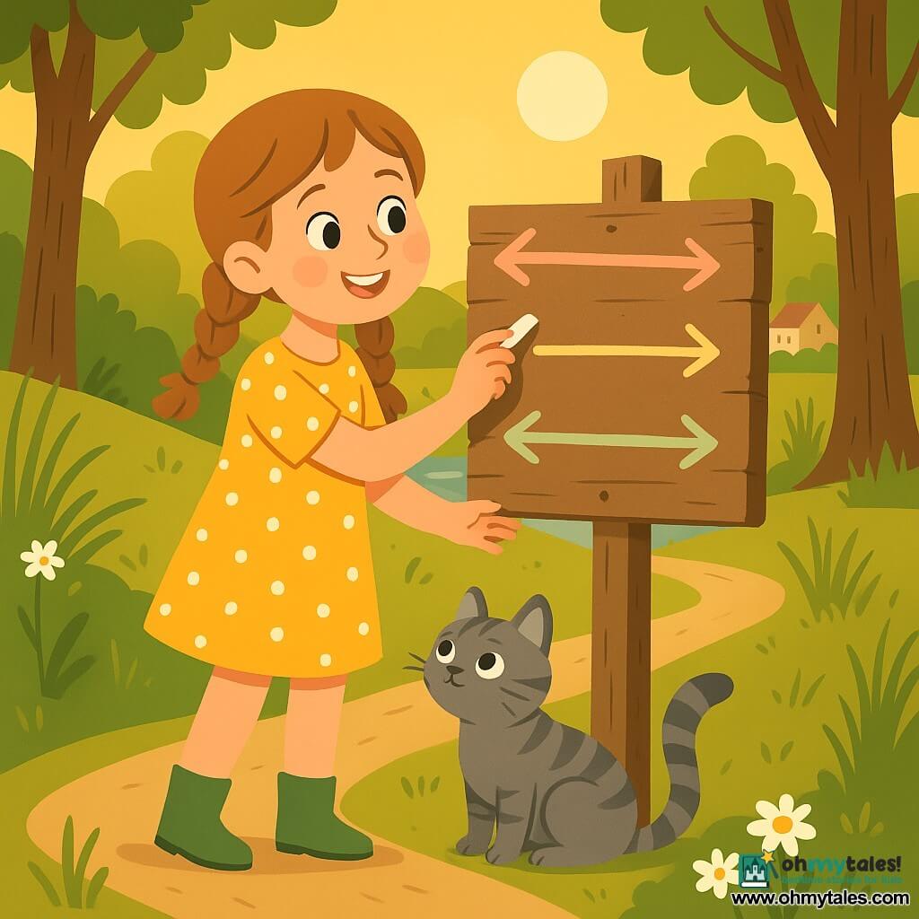 An 8-year-old joyful, curious girl with braided light-brown hair, wearing a yellow polka-dot dress and green boots, writes with white chalk on an old wooden sign at a small crossroads in a sunlit forest clearing while a gray striped cat named Whiskers sits at her feet with a raised paw; the sign shows four pastel chalk arrows, the scene features green grass, daisies, tall grasses, textured brown tree trunks, a distant stream and hill with a village, centered composition, warm colors, soft contrasts, clean lines and simple shapes for a childlike, readable look.
