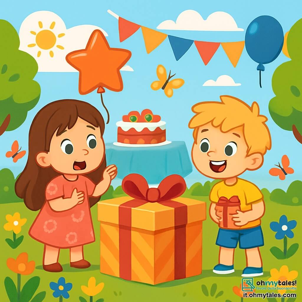 Ci sono 2 personaggi principali: Sofia, una bambina di 4 anni con lunghi capelli castani e occhi scintillanti, che indossa un vestito rosa con motivi floreali e tiene un palloncino a forma di stella; e Luca, un bambino di 4 anni con capelli biondi disordinati e occhi blu, che indossa una maglietta gialla e pantaloni corti blu, sorridendo mentre tiene una piccola scatola regalo. La scena si svolge in un giardino soleggiato, pieno di fiori colorati, festoni e un grande tavolo decorato con una torta di fragole al centro. Palloncini fluttuano nell'aria e farfalle danzano intorno ai bambini. La situazione principale mostra Sofia e Luca che scoprono un grande pacco misterioso dietro il giardino, sorpresi e curiosi, pronti ad aprirlo per vedere cosa contiene.